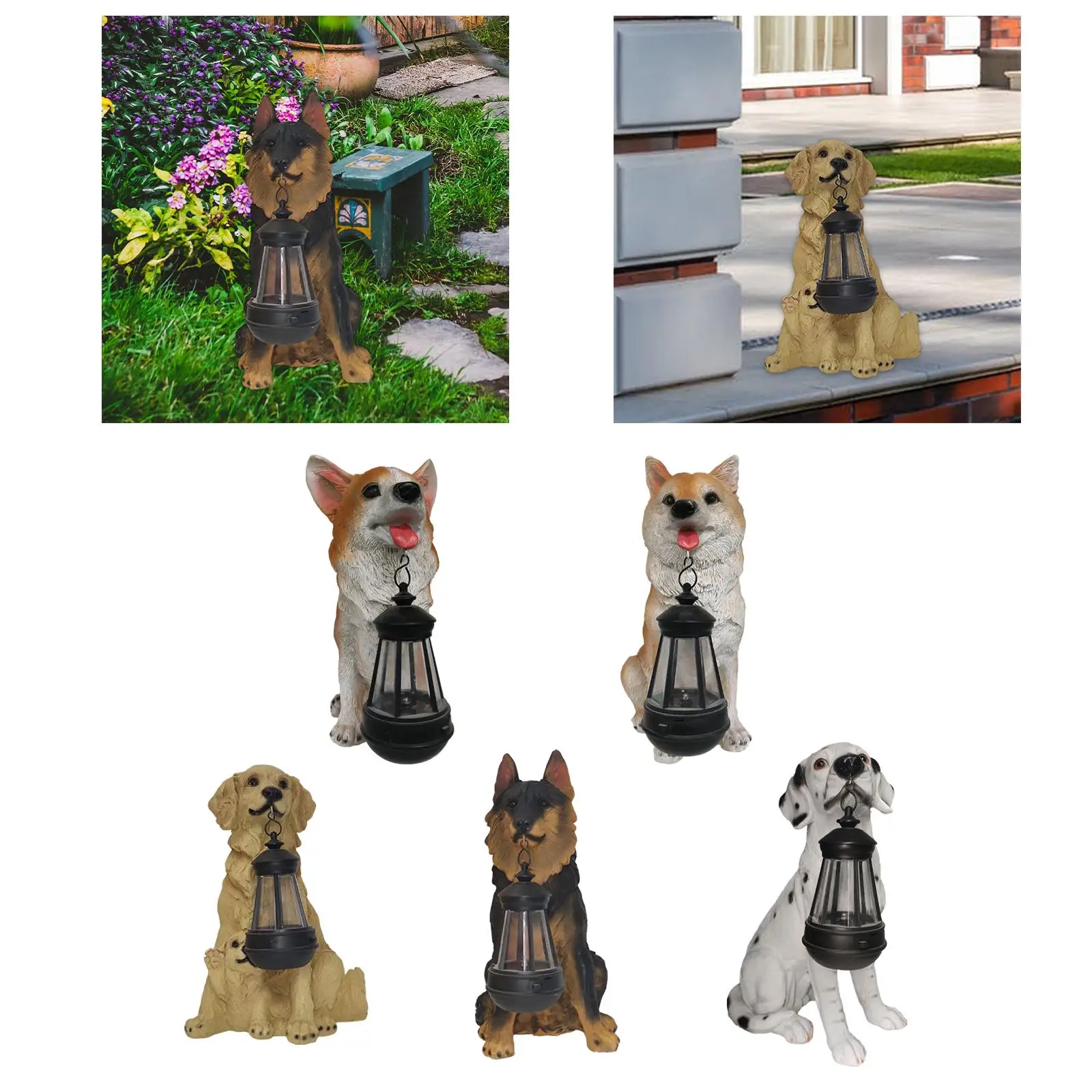 Hand Painted Resin Figurine Hanging Lantern Animal Sculptures Lamp Garden Dogs Statue with Solar Lights for Farmhouse Backyard
