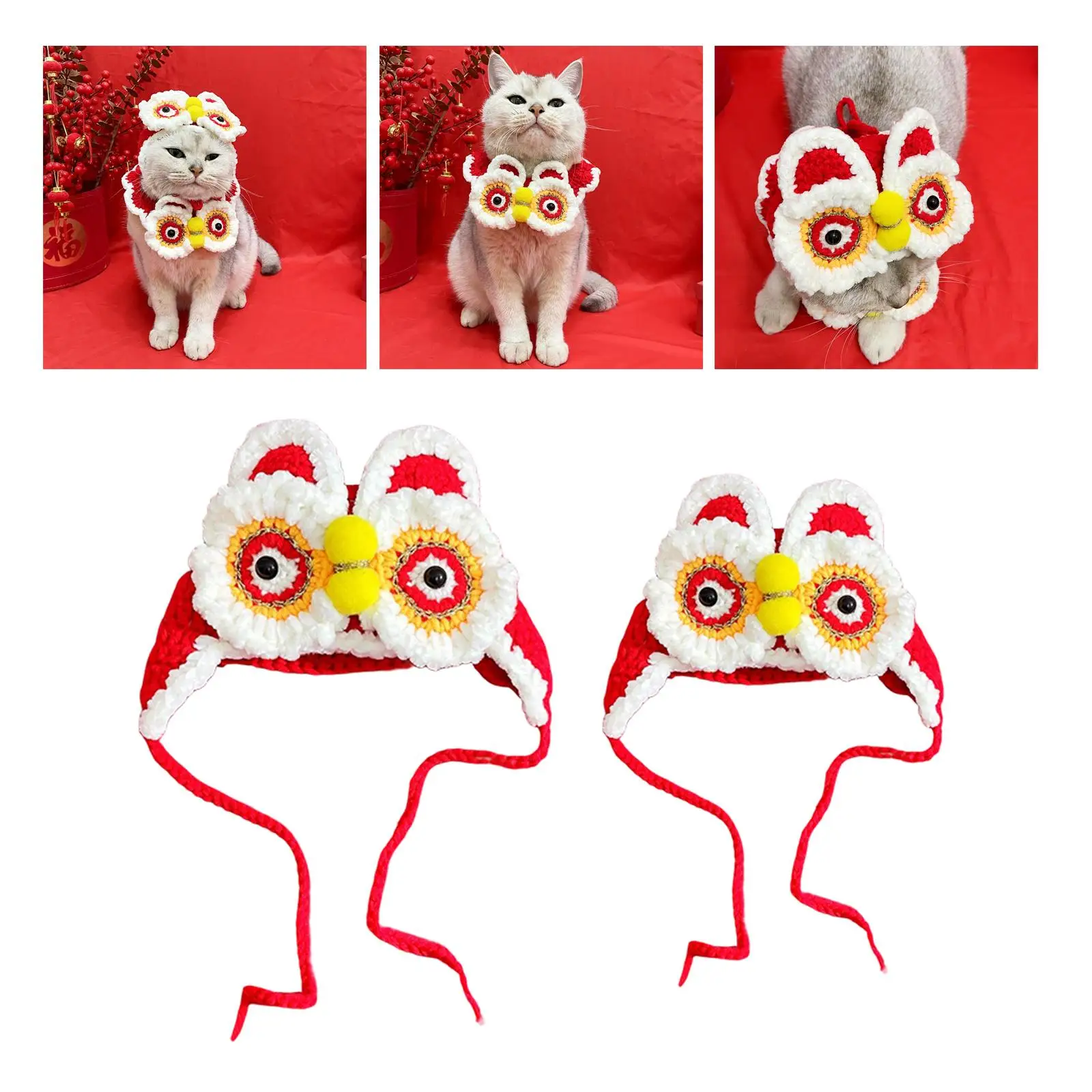 Soft Pet Hat Knitting Decor Head Cover Adjustable Clothing Supplies Accessories Winter Warm Chinese Costume for Kitten Dogs Cats