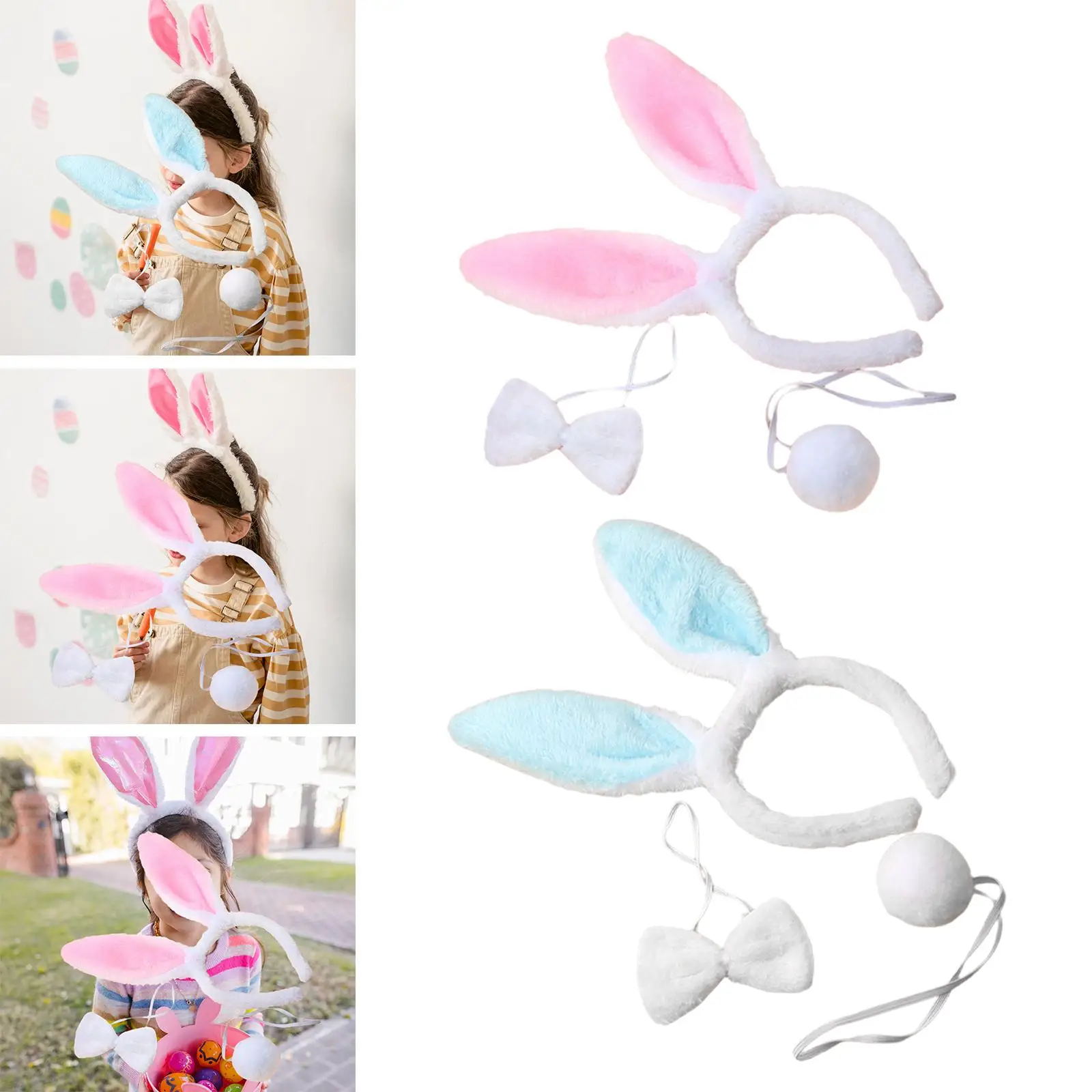 Bunny Costume Set Rabbit Ear Headband Rabbit Tail Headwear Bow Tie Headpiece for Cosplay Carnival Birthday Role Play Adult