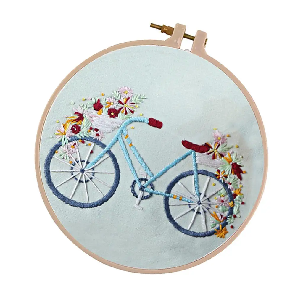 DIY Embroidery Starter Kit with Pre Printed Bicycle Pattern for DIY Needlework Craft