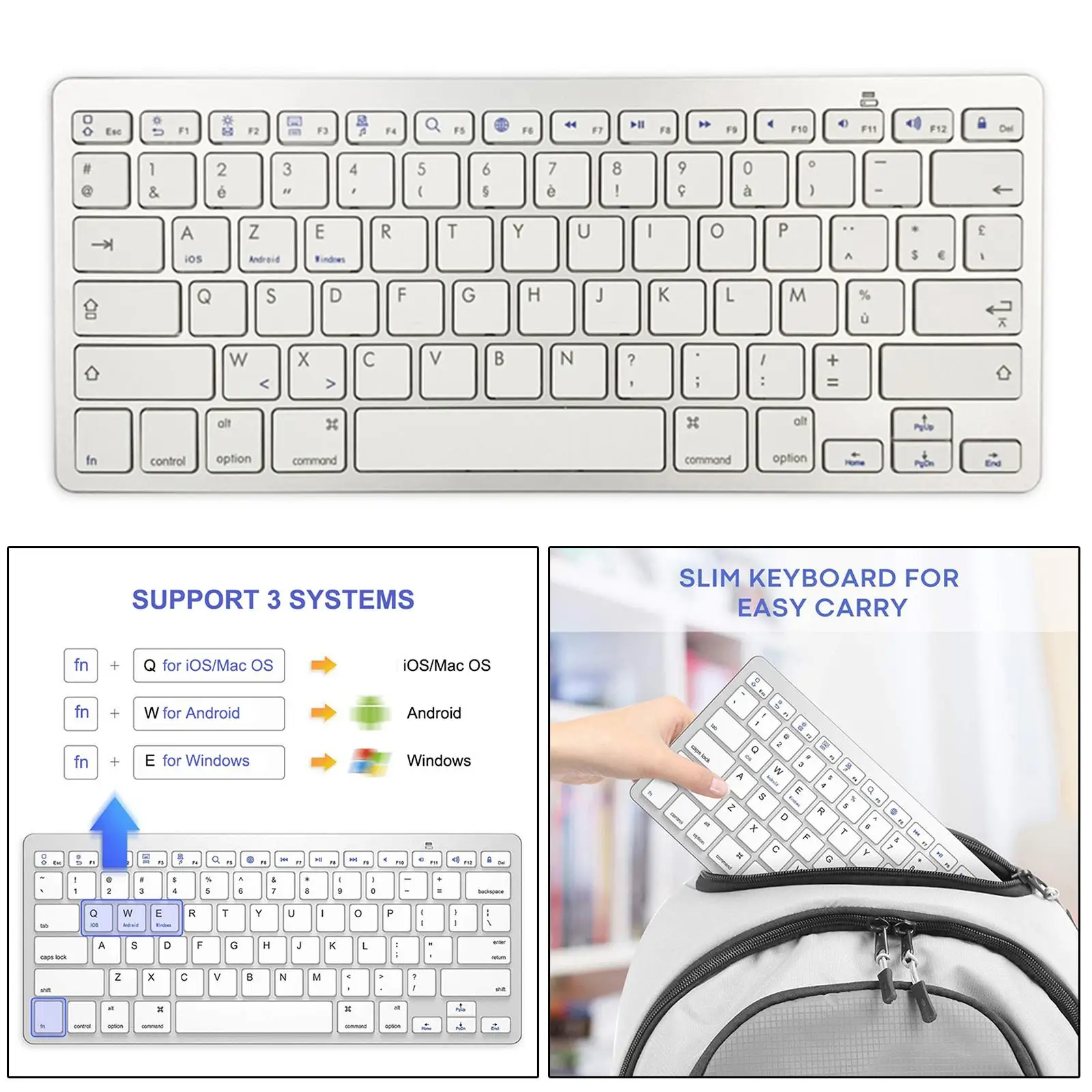 7 Keyboard ,French Language, Silver Slim New Portable for iOS Android Windows Computer PC