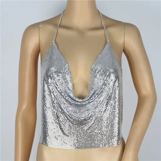 Women's Hanging Neck Cami Metallic Sequin Top Shiny Ladies Tank Top Sexy Bra  Sleeveless Backless Top Short Camisole, Black, X-Small : :  Clothing, Shoes & Accessories