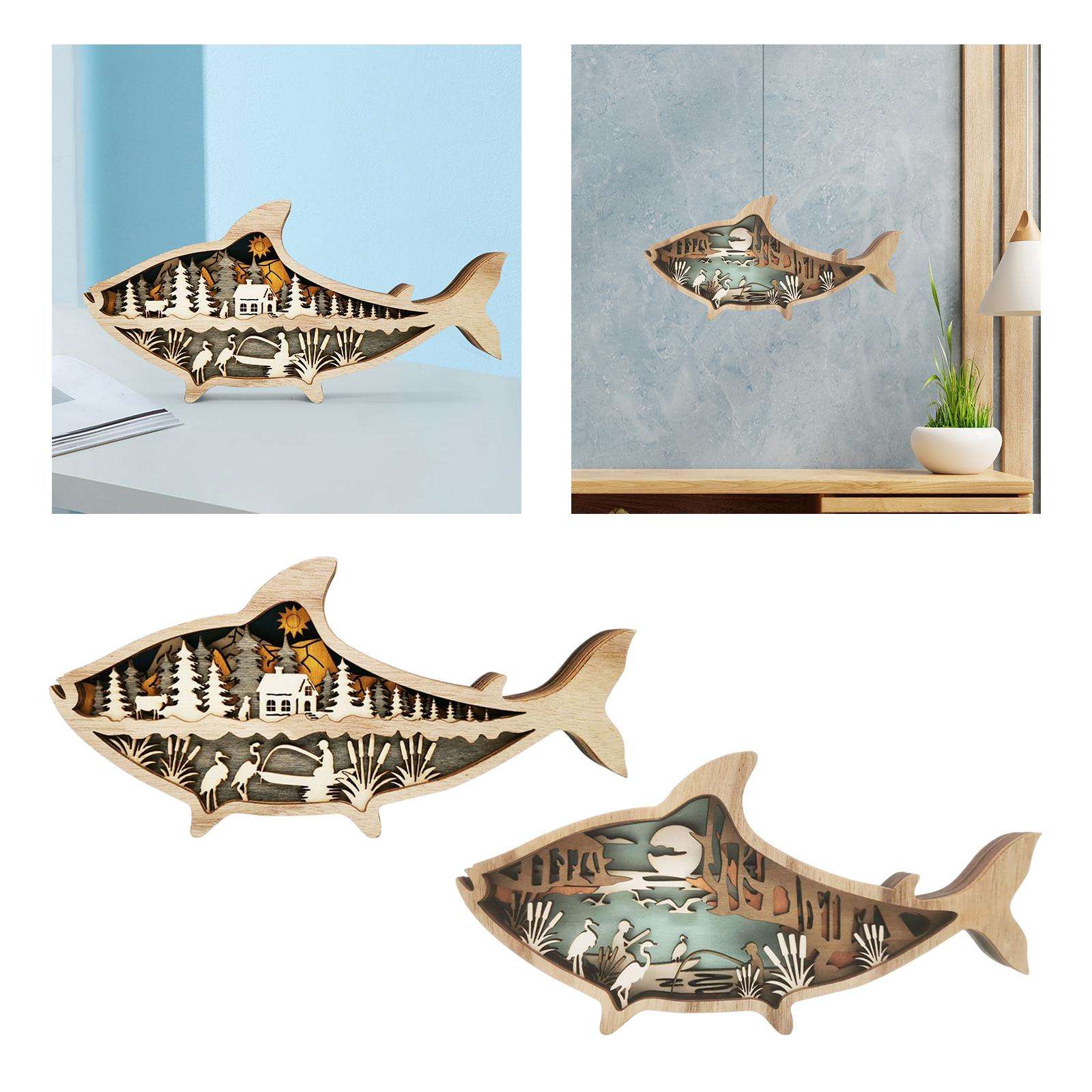 Marine Animals Wooden Decor Sculptures Maritime Themed DIY Carved Fish Nautical Ornament for Living Room Desk Shelf Beach Decor