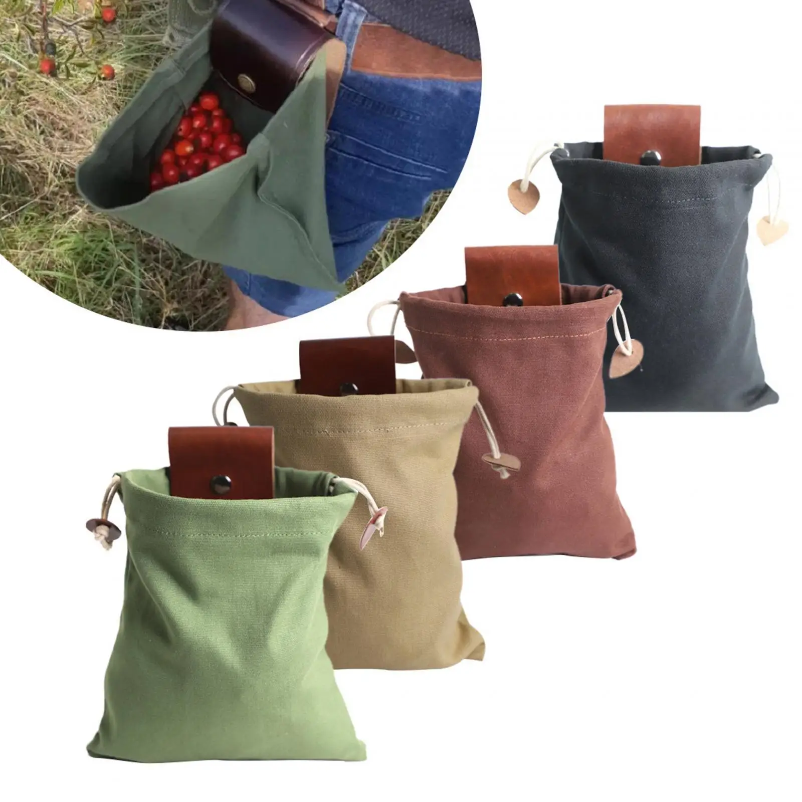 Foraging Pouch with Drawstring Storage Bag Canvas Pouch Vegetable Bags Fruit Picking Bag for Backpacking Travel Hiking Outdoor