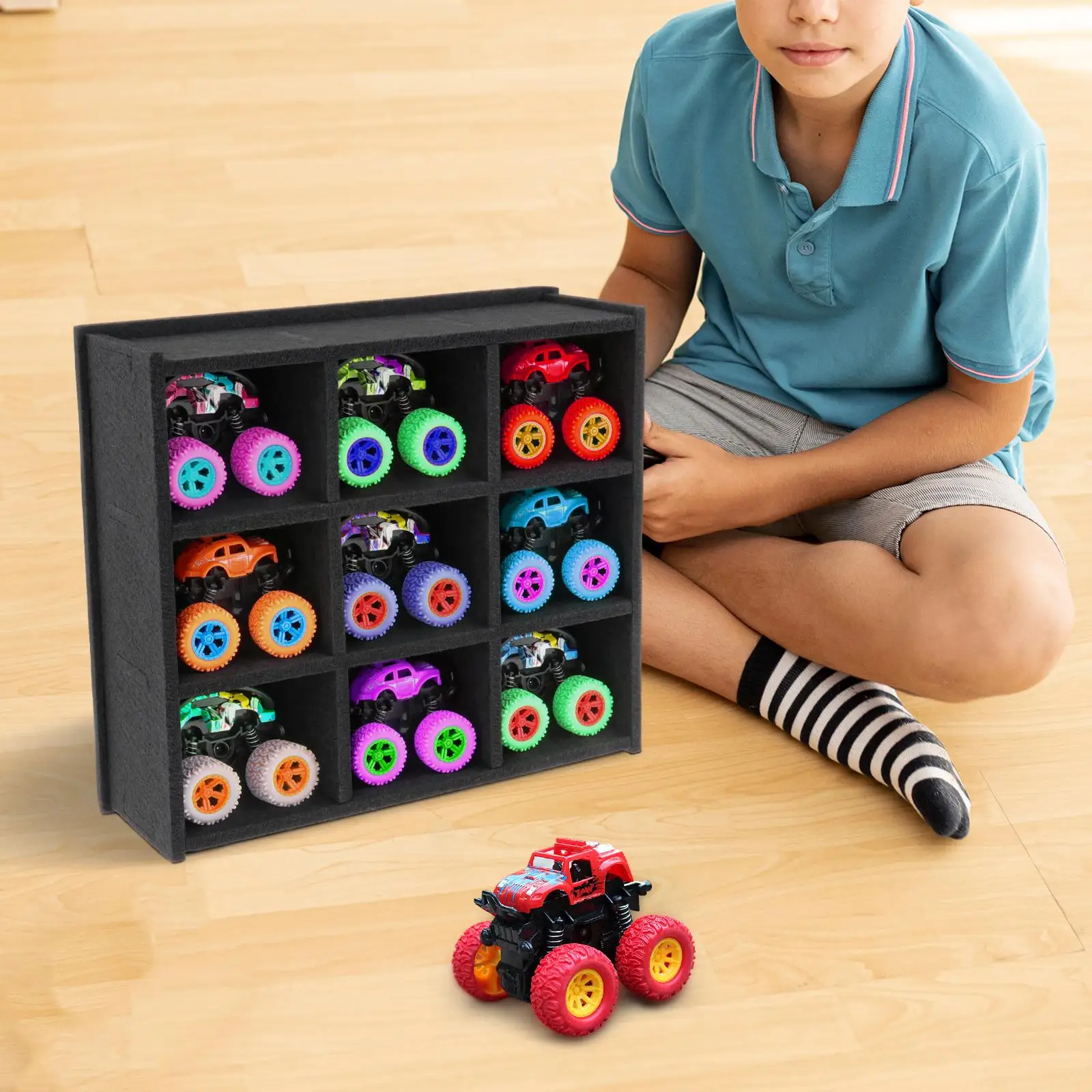 Monster Trucks Toy Wall Mount Display Case with 9 Slots Black Color Inside Each Slot 10cmx8.5cm DIY Assembled for Children