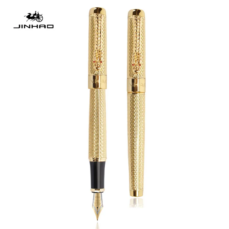 1200 Lacquered Black Dragon Medium Fountain Pen with Gold Trim Jinhao No 