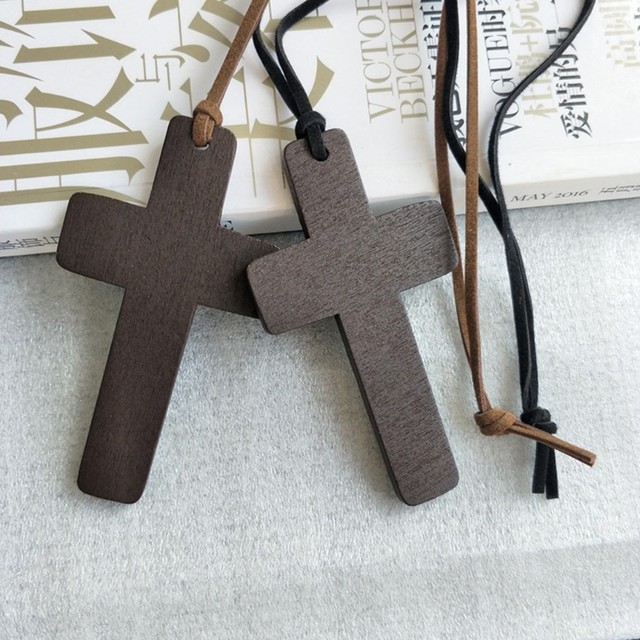 Wooden Cross Necklace On Leather Cord For Men Pendant In Black Brown Tone  Jesus Christ Lord