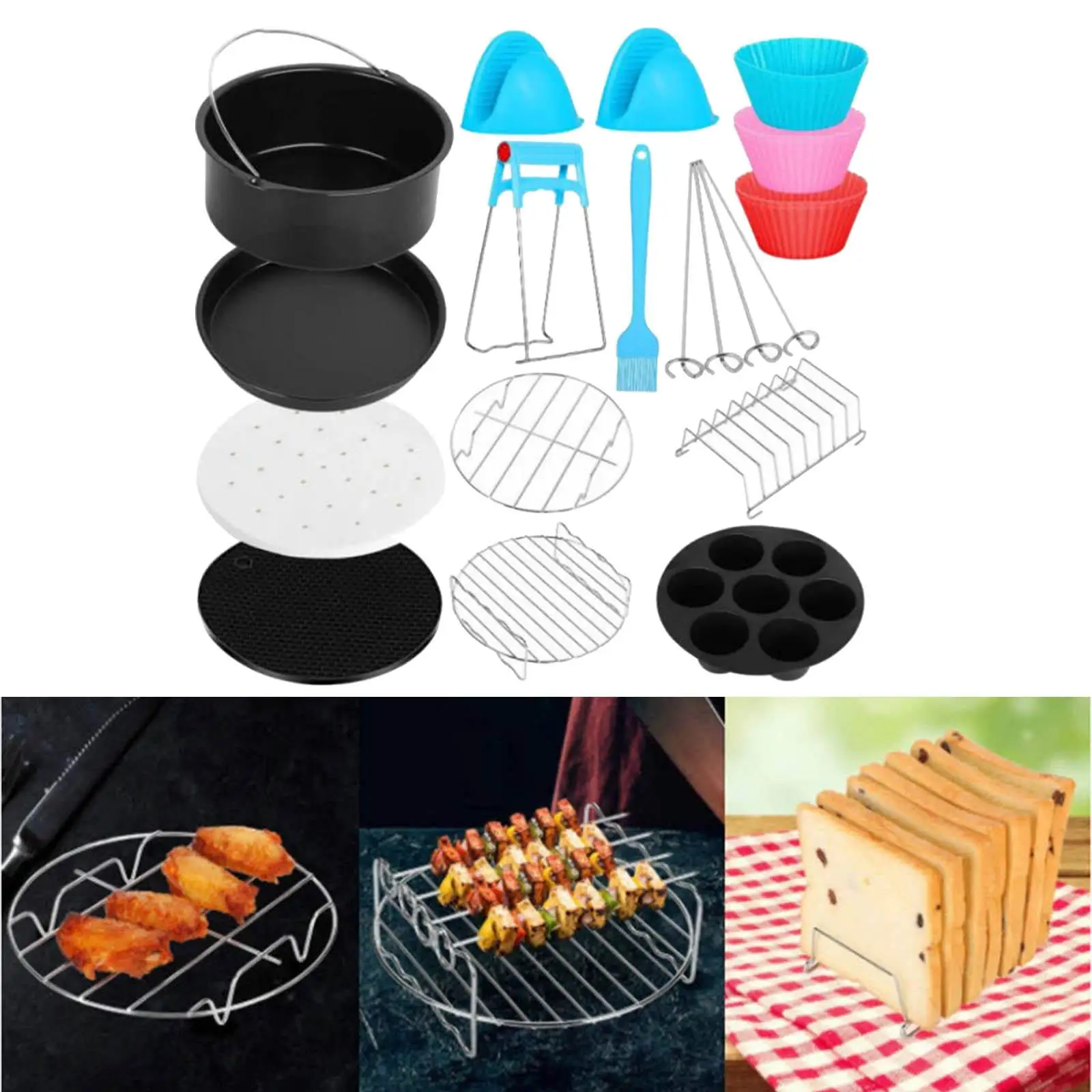 Air Fryer Accessories 7 Hole Cupcake Mold Toasting Rack Air Fryer Liners Silicone Mitts Non Stick Grill Rack for Home BBQ