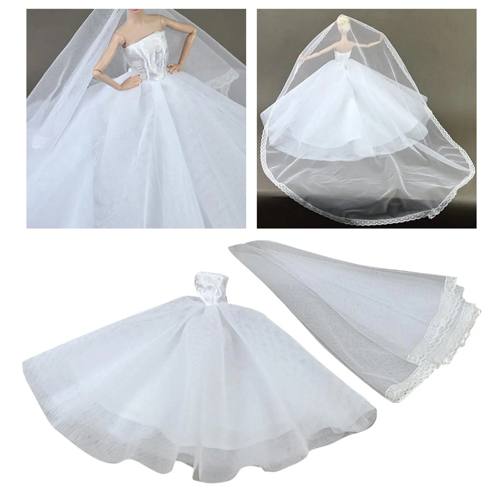 1/6 Dolls Wedding Dress with Long Lace Veil Dolls Gown Dress Evening Party Clothes Outfits for 12inch Dolls Clothes Dress