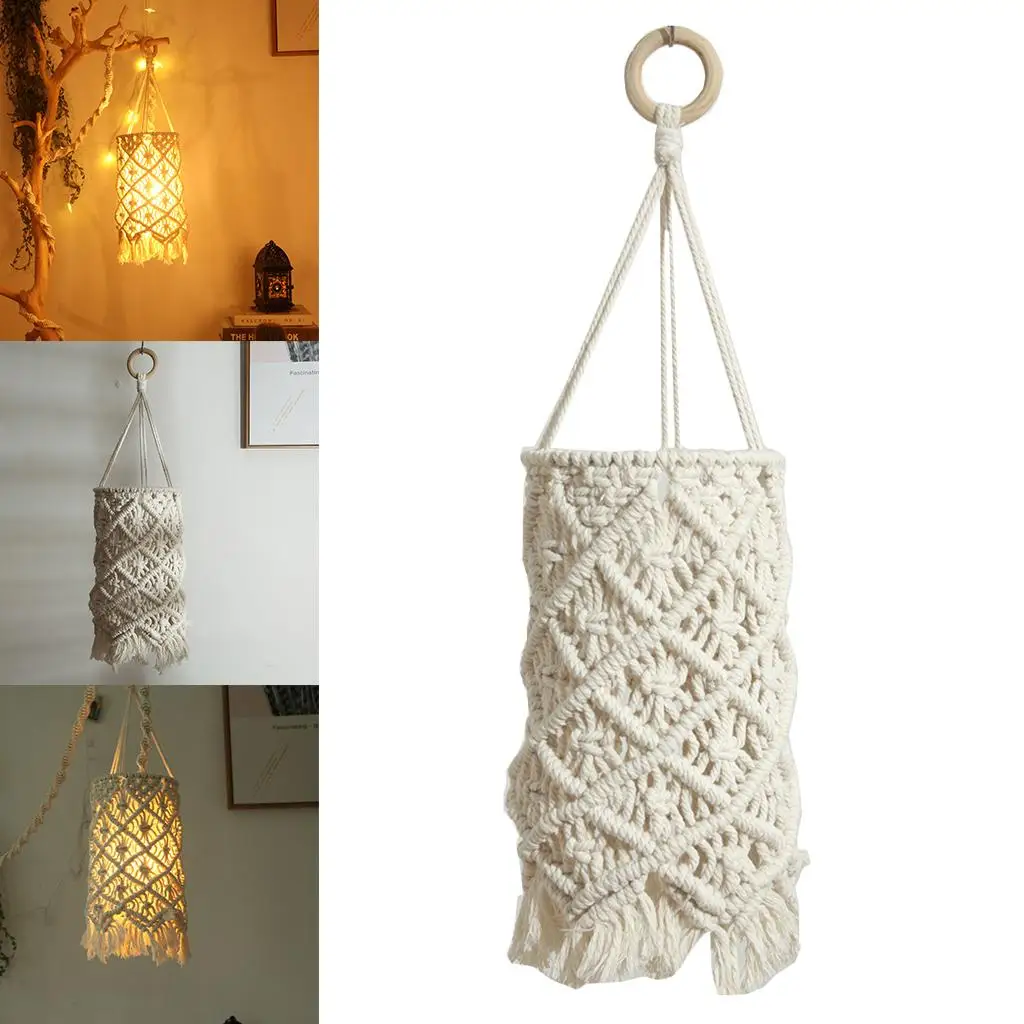 Woven Macrame Lamp Shade Tassel Lantern Boho Pendant Light Cover for Bedroom Ceiling Light Room Home Decor Bulb Not Included