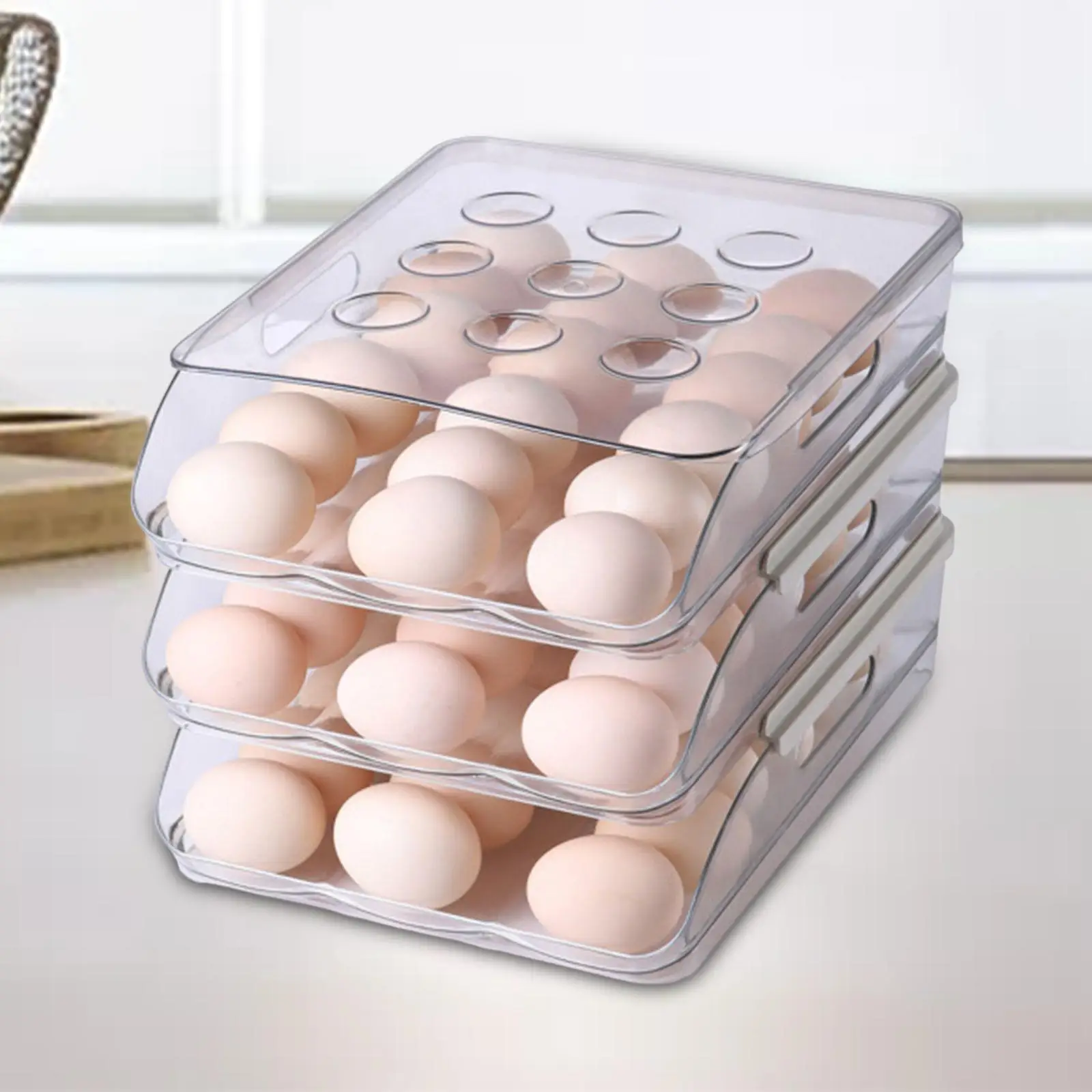 Transparent Egg Box Stackable Egg Container Multi Layer Egg Tray Organizer Bin Auto Rolling for Countertop Drawer Refrigerator