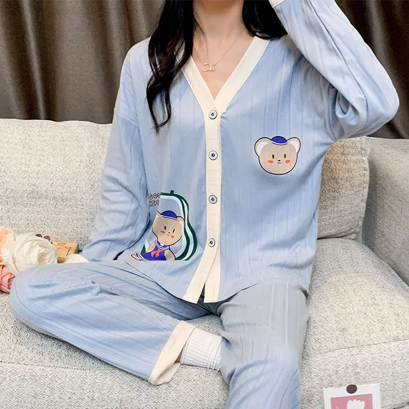 Spring 180g milk + cotton silk pit strip V-neck cardigan button long-sleeved trousers pajamas women's suits home service girls p pyjama sets