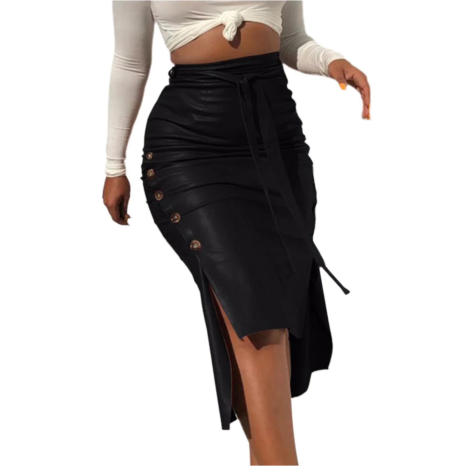 Women'S High Waist Button Trim Solid Color Slit Skinny Leather Midi Pencil Skirt Kawaii Skirts For Women Mini Skirt Y2k Style