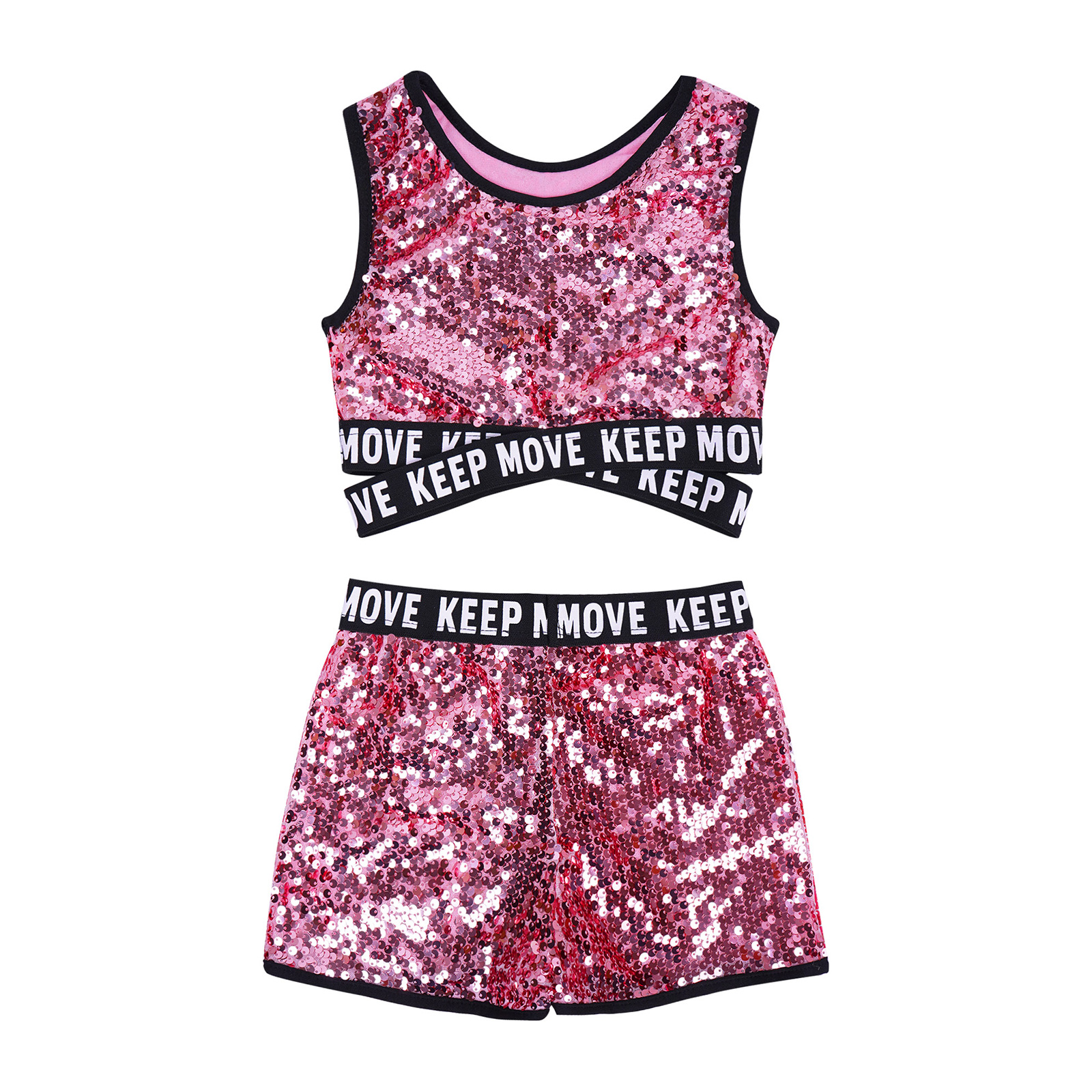 Kinder Mädchen Glänzende Pailletten Jazz Dance Outfits Ärmelloses Brief Drucken Träger Crop Top mit Shorts Bühne Performance Dancewear – Detail 24