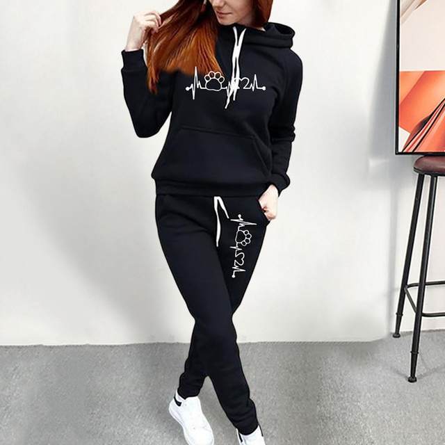 2Pcs/Set Women Outfit Hoodies Pants Mid-rise Tracksuit Autumn