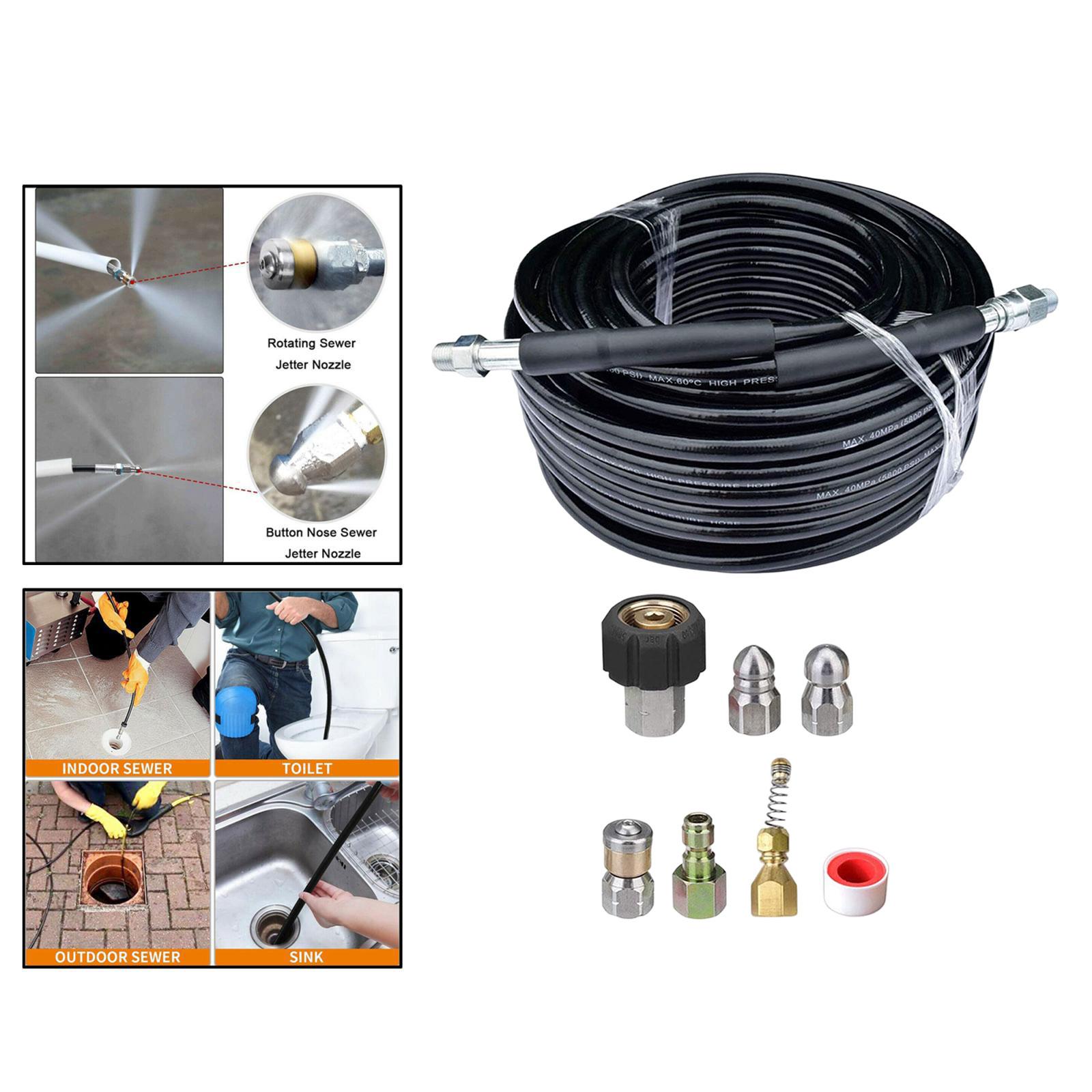 15M/50Ft High Pressure Washer Hose Lance with Washing Nozzle Drain Pipe Cleaning Hose Sewer Jetter set