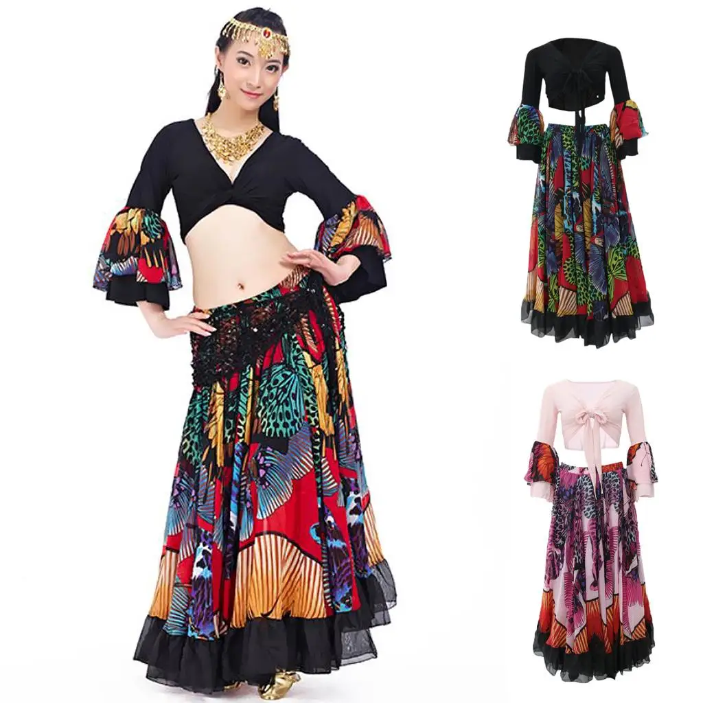 Womens Gypsy Butterfly Pattern Midi Flamenco Dance Swing Skirt+Chiffon Top