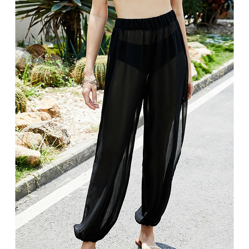 beach maxi dress with sleeves Ladies Summer Beach Long Trousers Cover-Ups Pants Women High Waist Perspective Side Split Sun Protection Loose Ankle Banded Pant sexy bathing suit cover ups