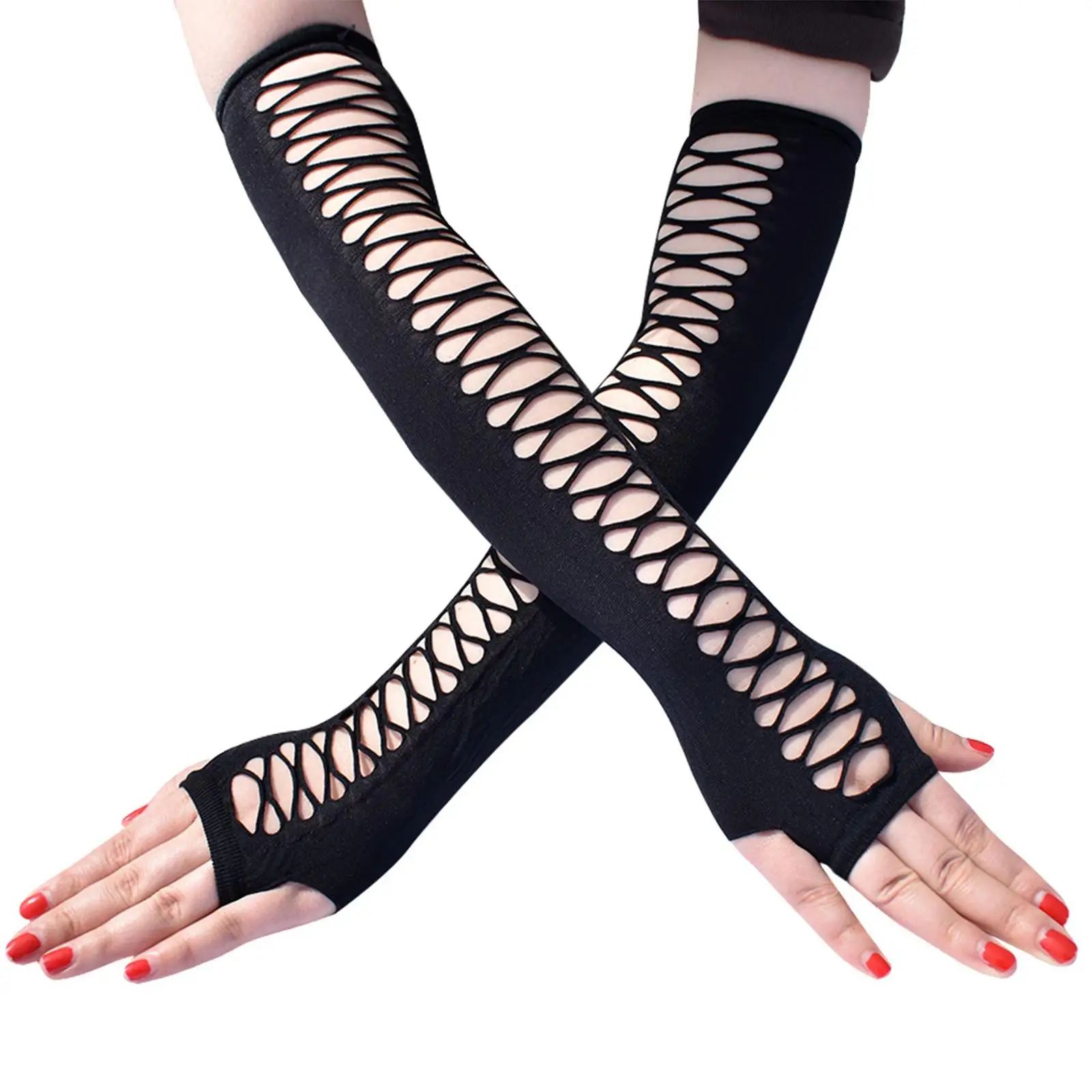 Women Long Fingerless Gloves Gothic Arm Hollow for Accessory Opera
