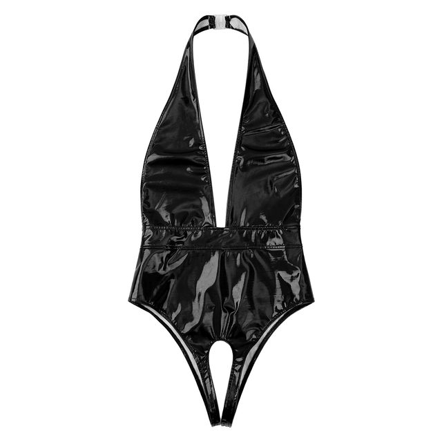 2pcs Womens Wet Look Patent Leather Sexy Lingerie Set Open Cups Shelf Bra  Top With Open Crotch High Cut Briefs Underwear Panties