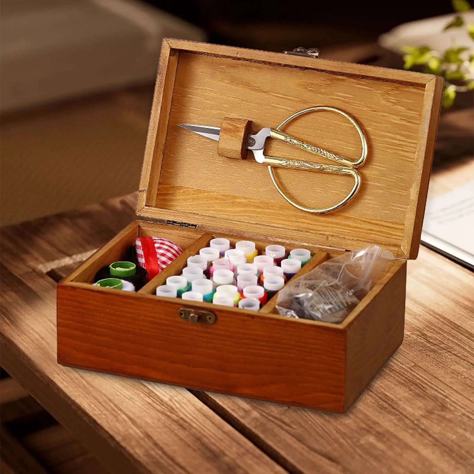 Wooden Sewing Box Empty Box Compact Embroidery Supplies Travel Multifunction Needlework Vintage Beginner Sewing Storage Basket