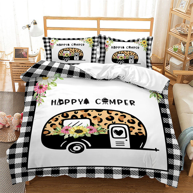 Camper Queen Bedding Set,Happy Camping Comforter Set Microfiber RV Inside  Decor Duvet Bedding,Camper Accessories for Travel Trailers,Camper Must  Haves