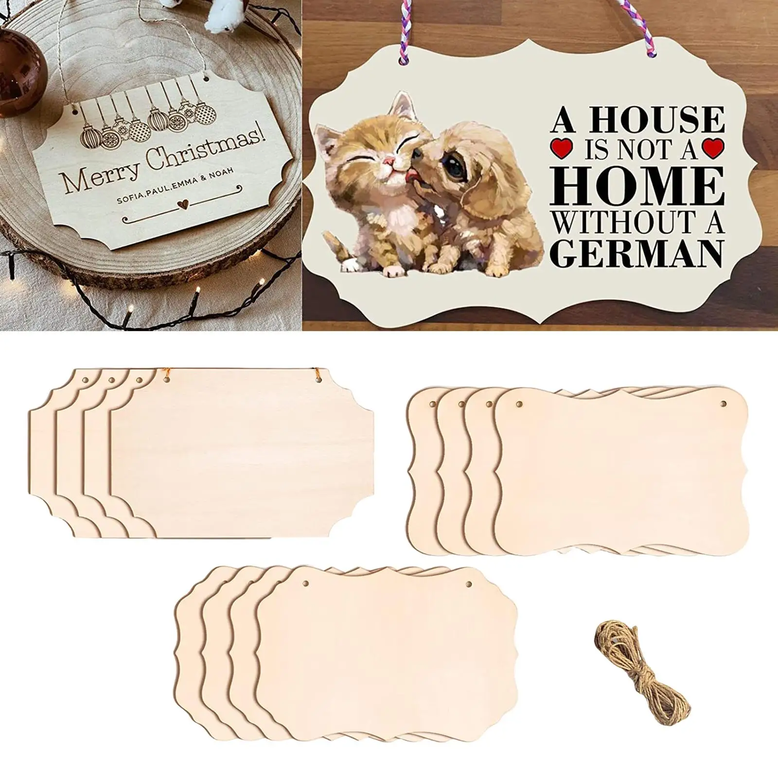 12 Pieces Unfinished Blank Signs, DIY (Beige) Plaque Wood Rectangle with Rope, Slices Decorative