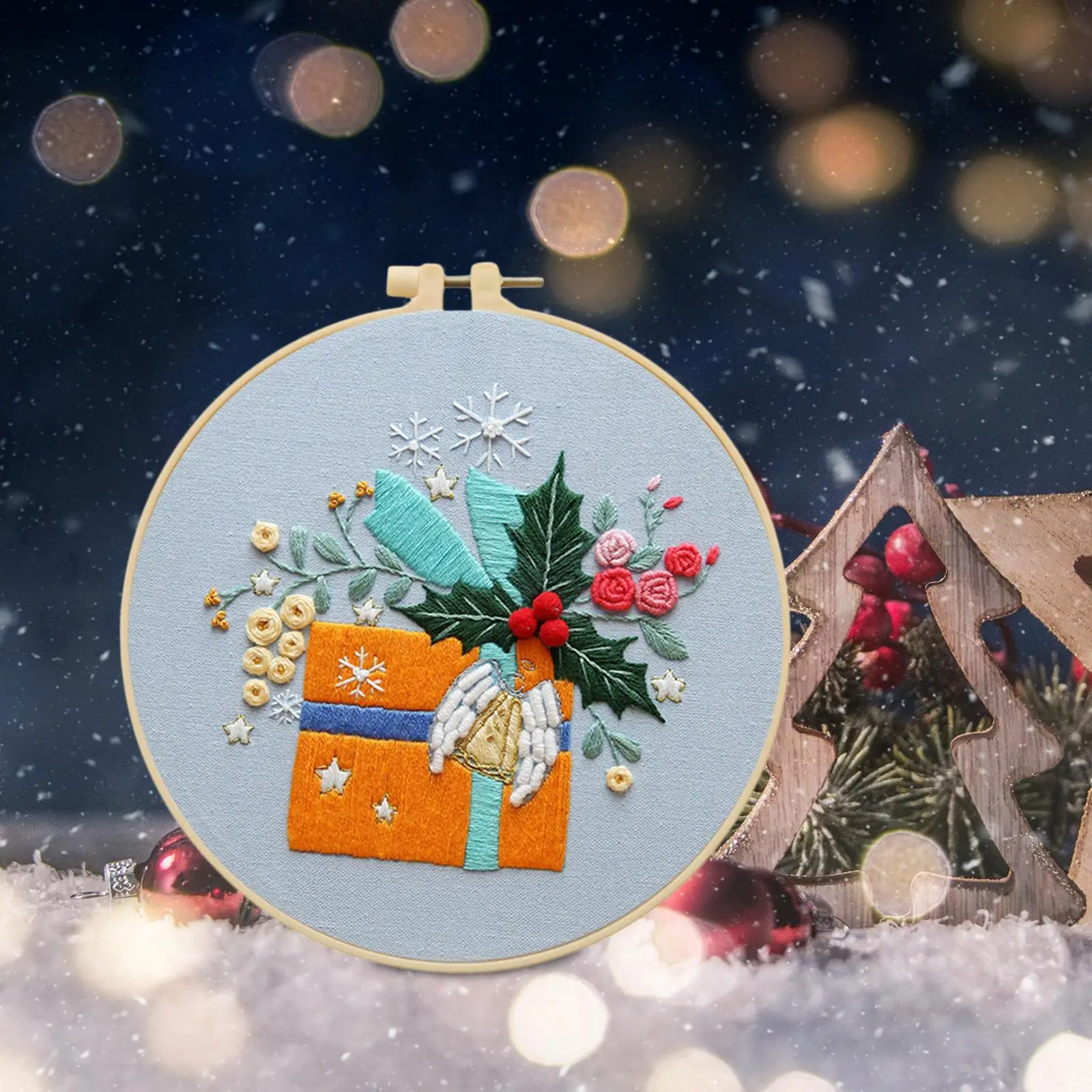 Christmas Embroidery for Starter Needlepoint Set DIY Hanging Painting with Round Photo Frame Cross Stitch Material Package