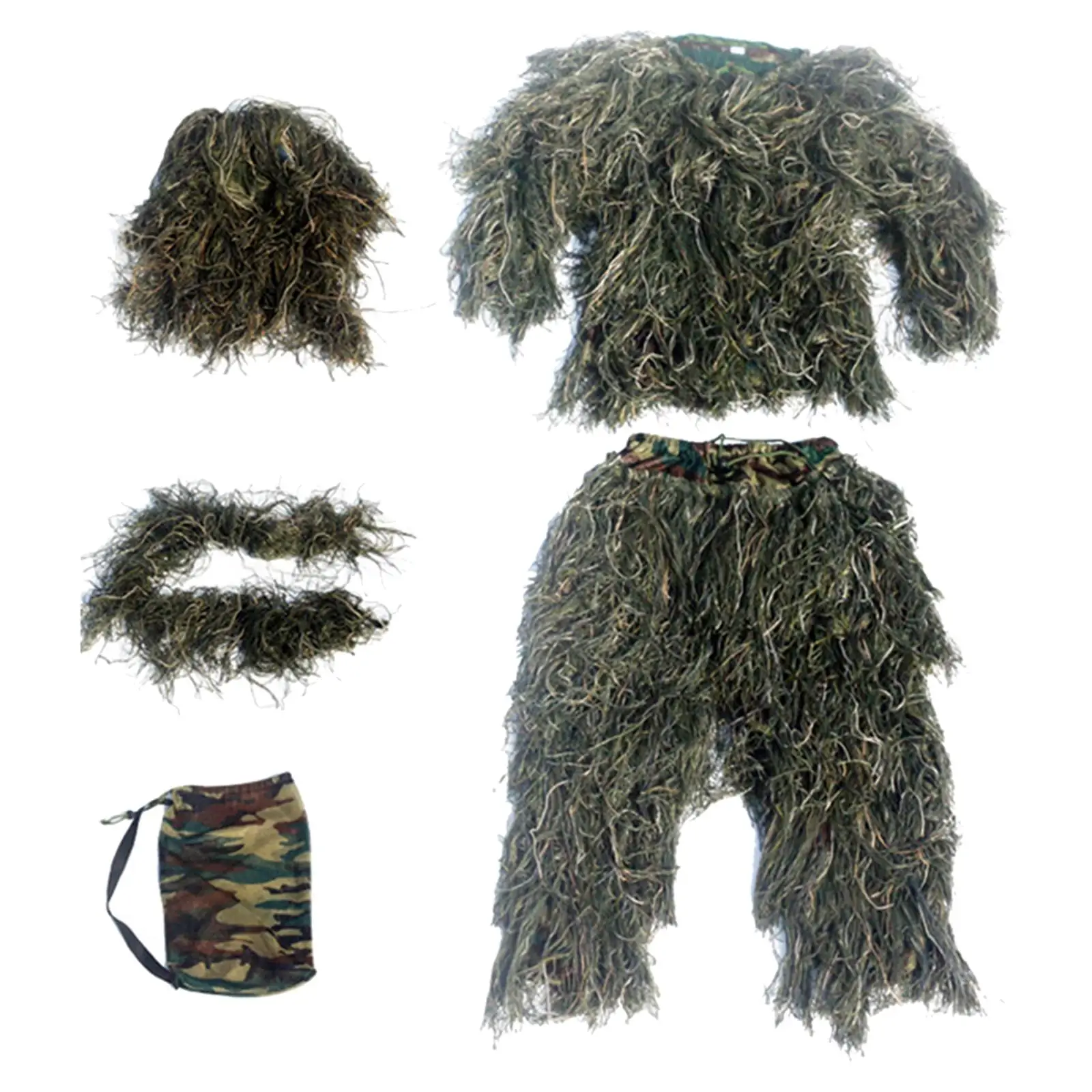 Ghillie Suit for Men Jacket Outfit Lightweight Disguise Woodland Pants Hat for Costume Halloween Camping Fishing Photography