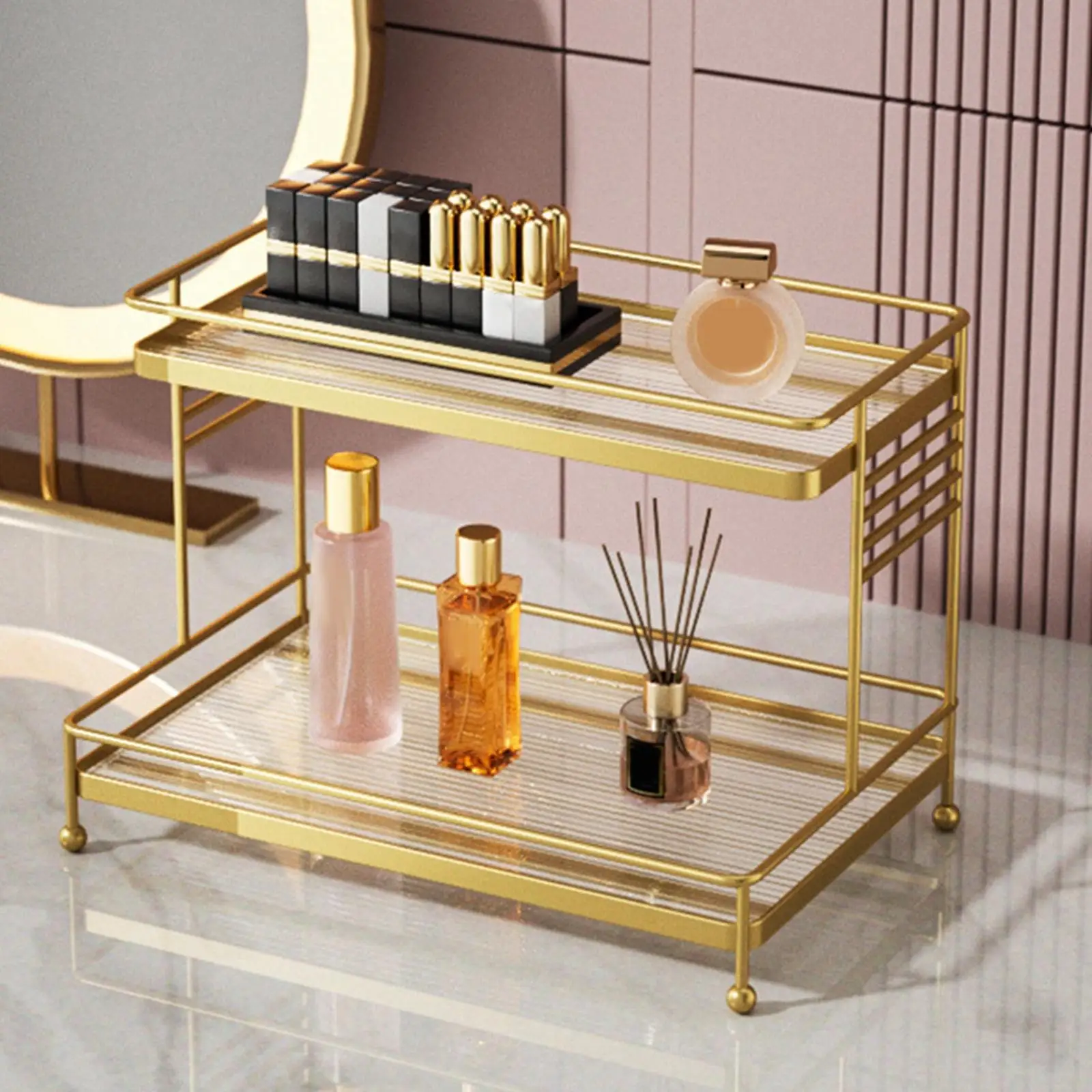 Double Layer Bathroom Countertop Storage Shelf Makeup Organizer Cosmetic Storage Holder for Dressing Table Living Room Dorm
