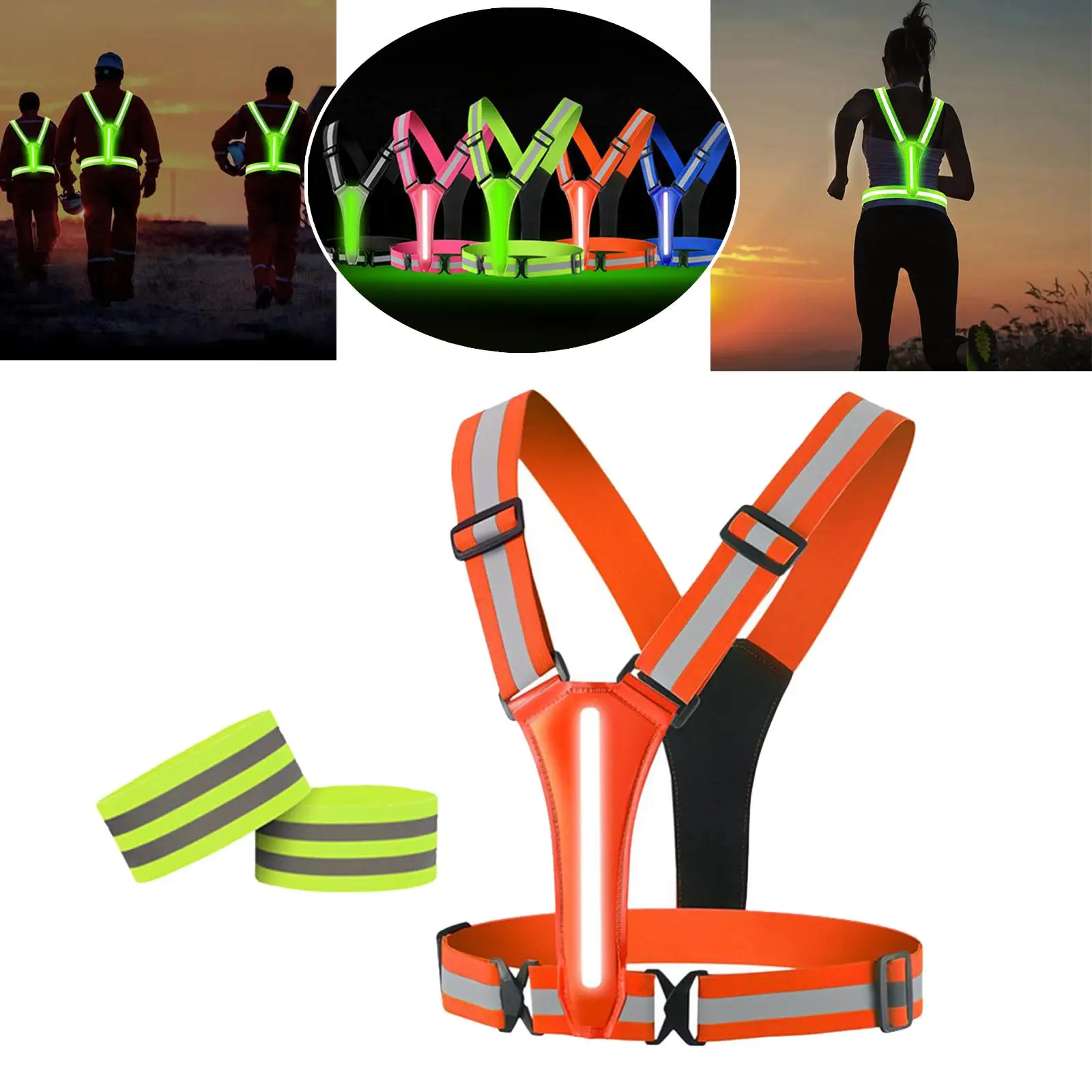 Adjustable LED Reflective Vest Safety Vest Double Side LED Strips Glowing Reflector Straps for Runner Outdoor Cycling Sports