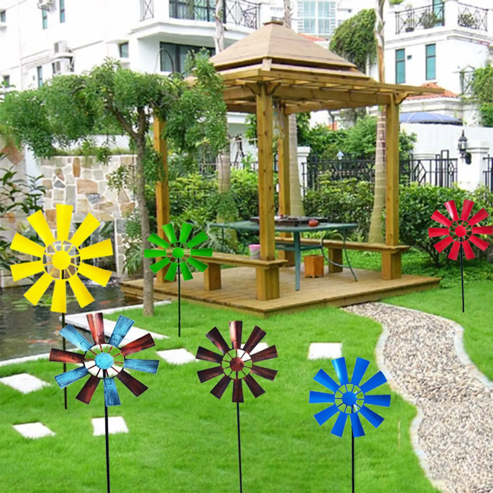 28in Windmill Decor Metal Rustic Ground Plug Wind Spinner Stake Rotating for Garden Backyard Lawn Terrace Courtyard