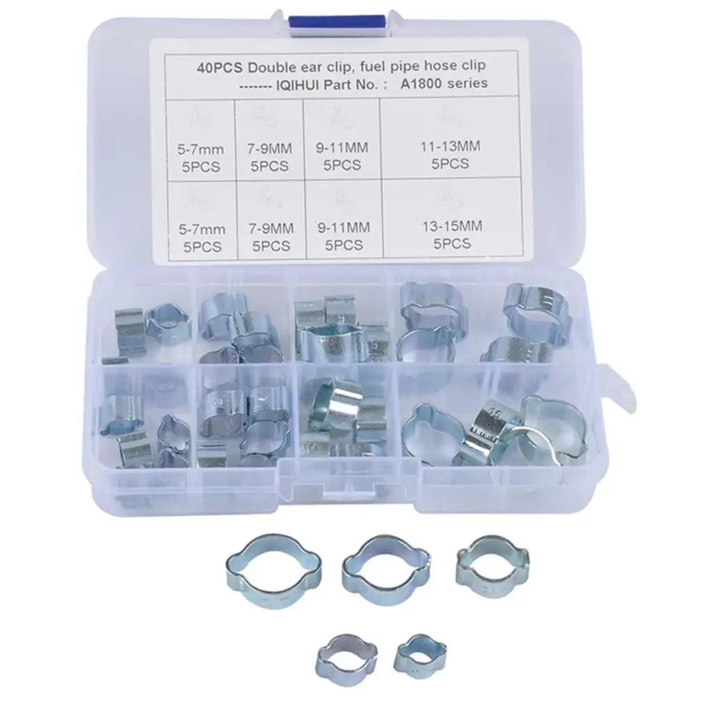40pcs Double Ear Crimp Hose Clamps Fuel Oil Tube Clip for Water Pipe (5-15mm)
