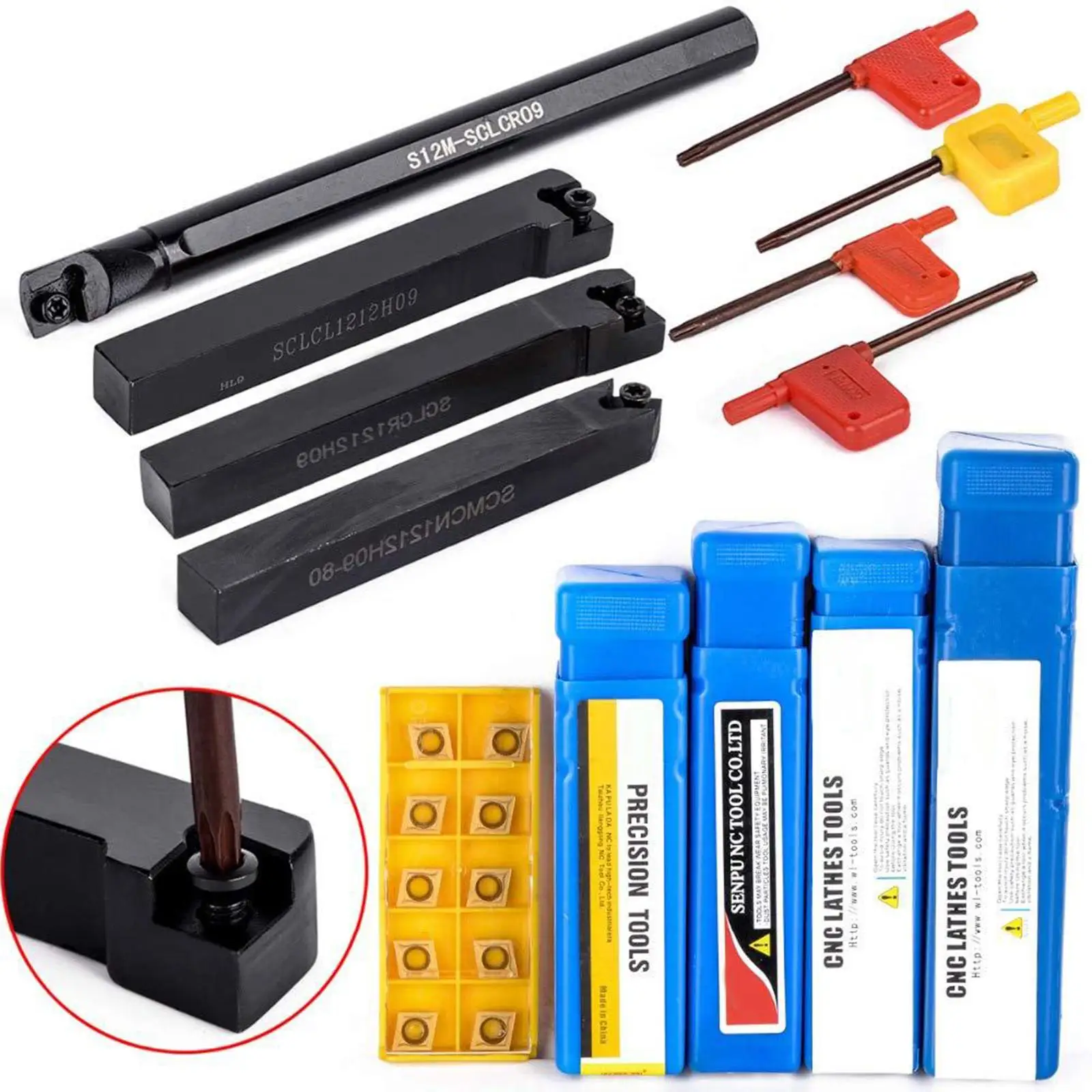 4 Pieces Lathe Boring Bar and 10Pcs Carbide Inserts Replacement Parts with 4Pcs Wrench Metal Turning Tools Holder Sclcr1212H09