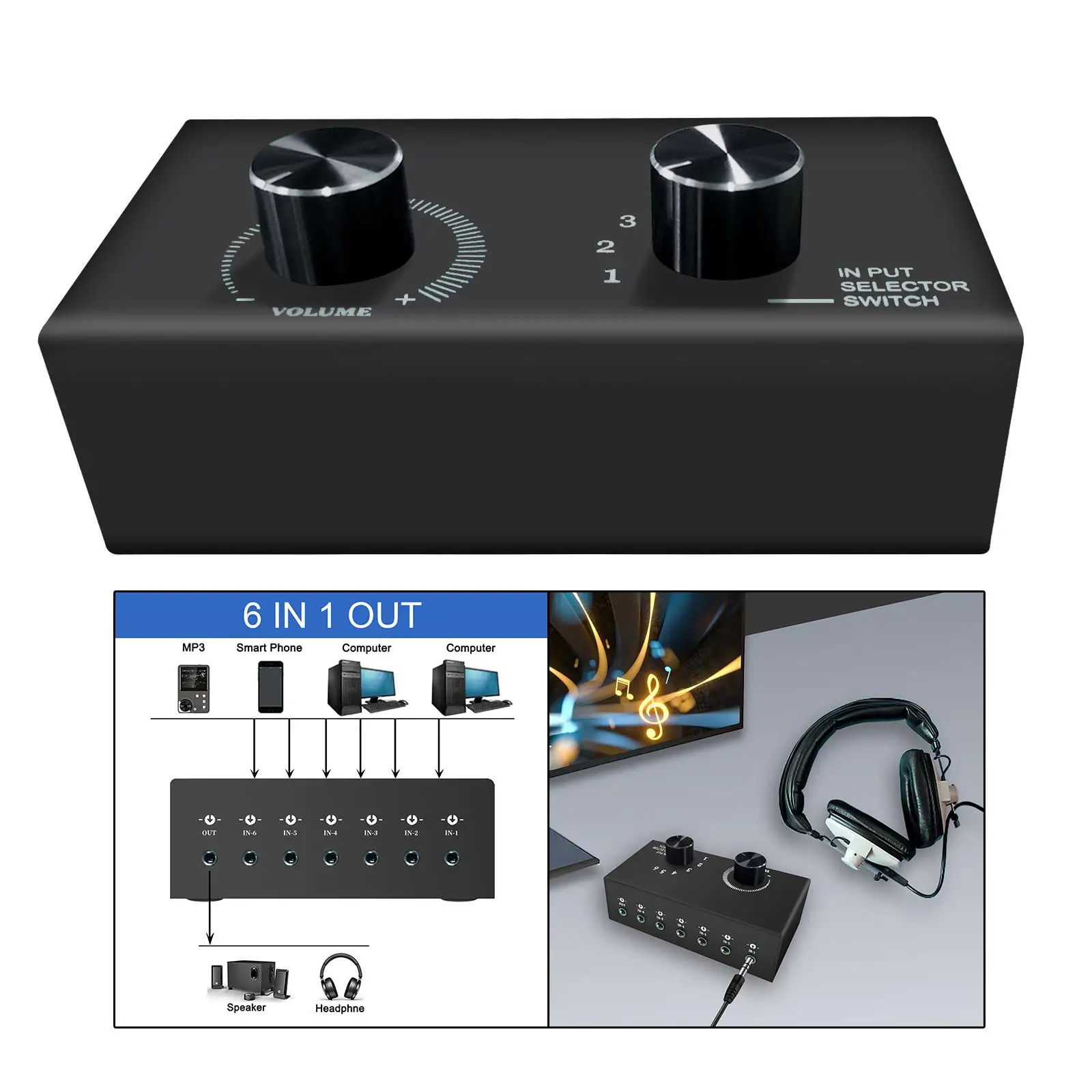 Audio Switch with 3.5mm Audio Cable 6 in 1 Out Audio Switcher Box for