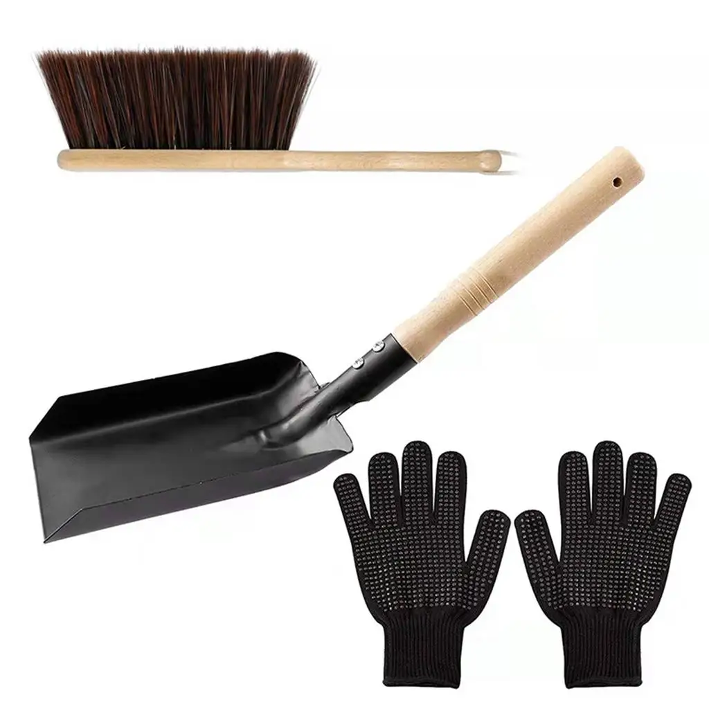 Fireplace Tools Ash Shovel and Hearth Brush Set Dust Shovel Firepit Gloves Hearth Tidy Fireside Wood Burner Accessories