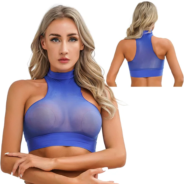 Womens Sexy Lingerie Tops Bra Mock Neck Sleeveless Sheer See-Through Halter  Slim Fit Pool Party Sport Yoga Crop Tops Vest - AliExpress