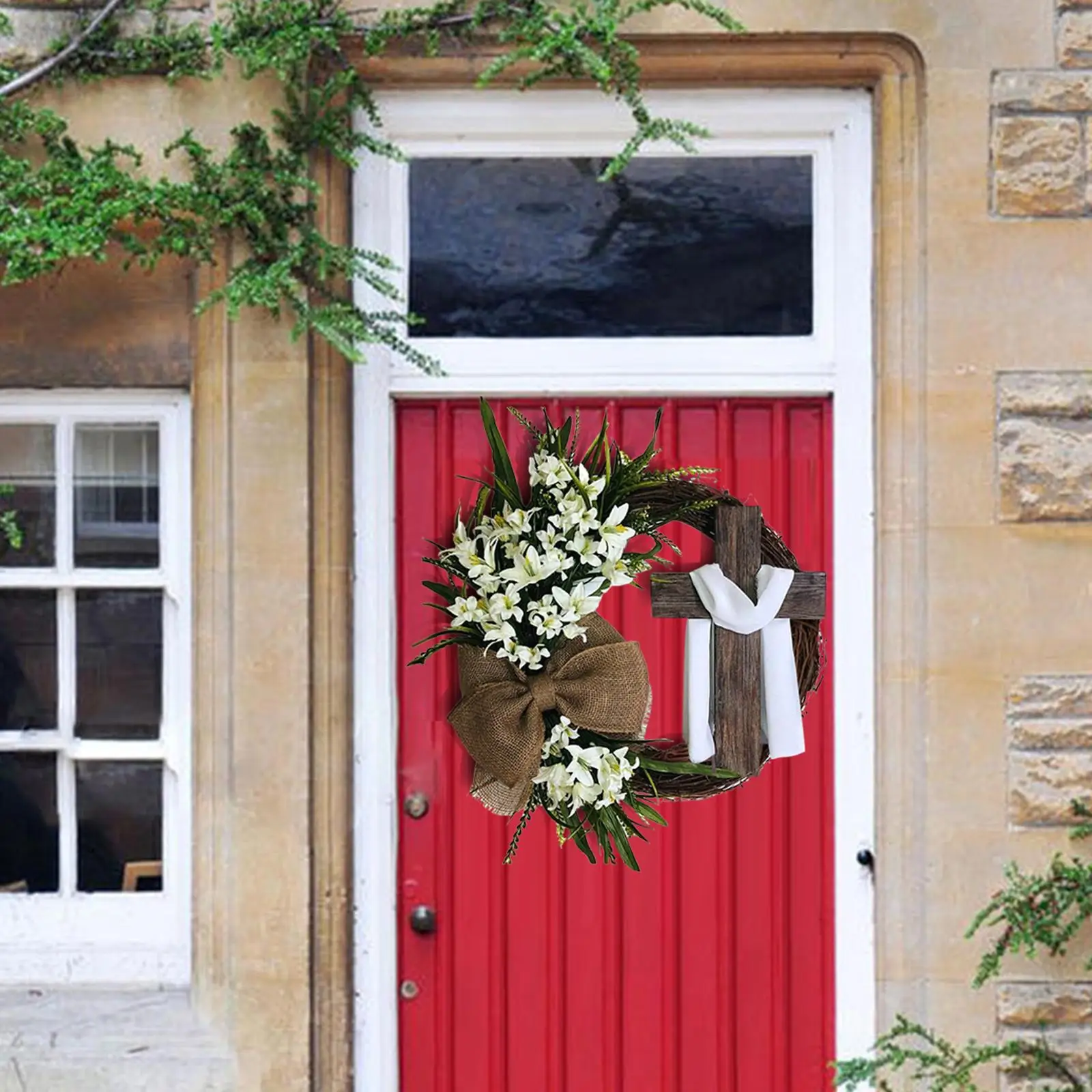 Round Easter Door Wreath with Cross with Burlap Home Front Door Decor Rustic