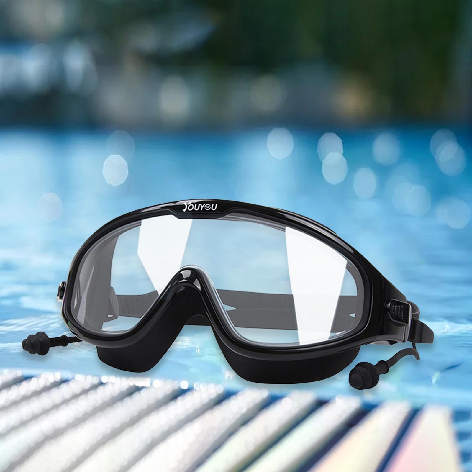 Swimming Goggles, Wide View No Leaking Swim Glasses with Nose Clips + Earplugs, Adjustable Large Frame Swim Goggles Waterproof