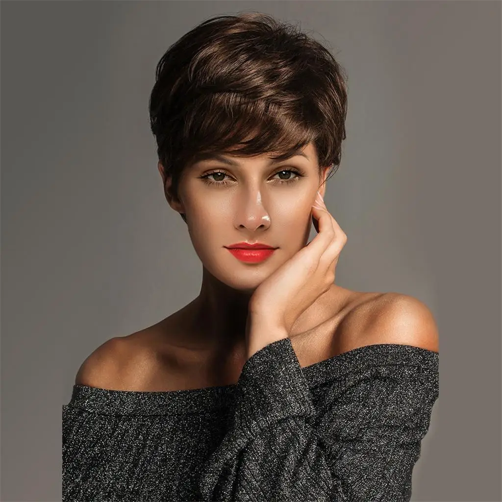8`` Short Pixie Cut Curly Wig Women Human Hair Layered Wavy Daily Party Wig
