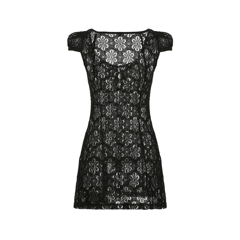 y2k Going Out Mini Lace Dress Summer Women See Through Short Sleeve V Neck Hollow Out Button Down A Line Dress Clubwear