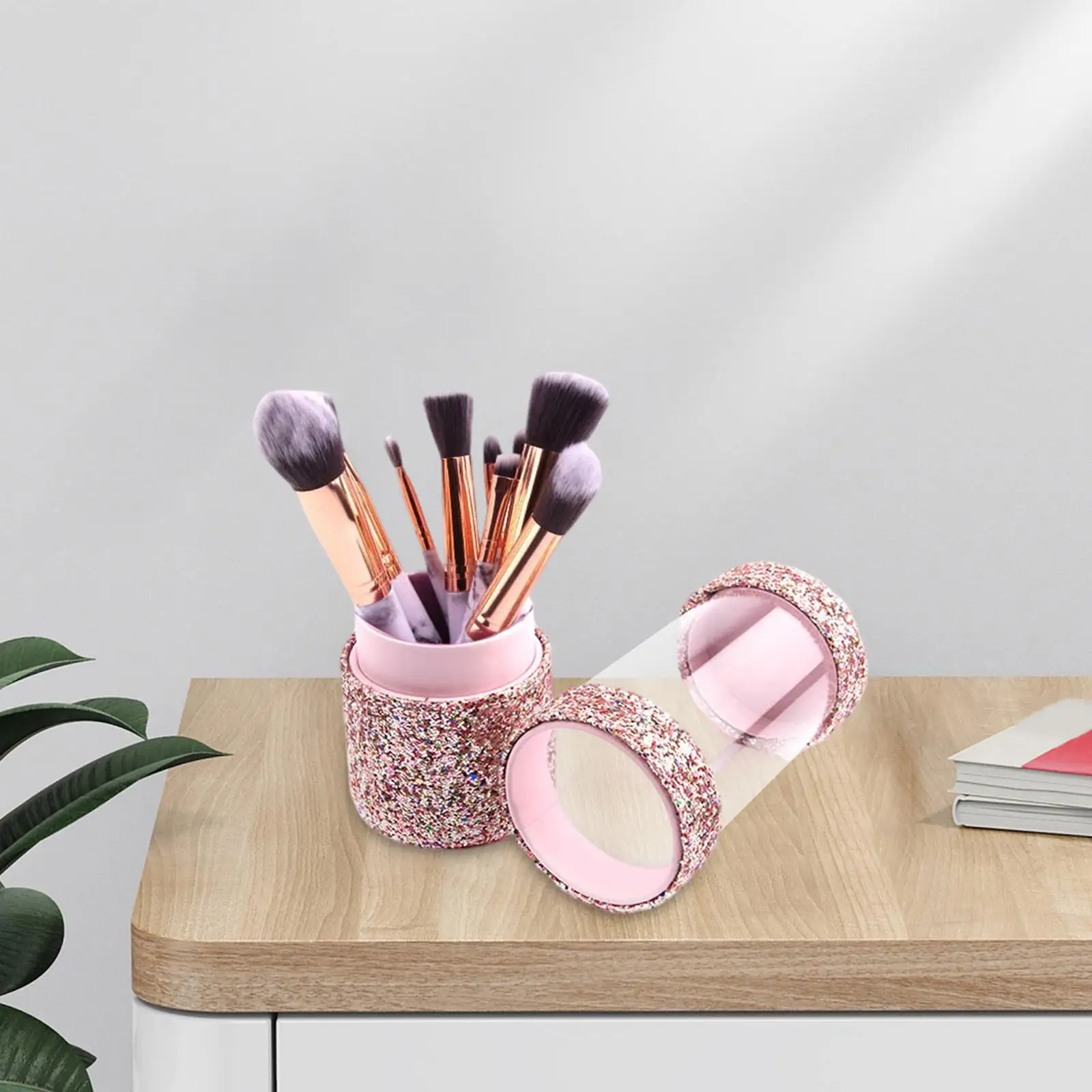PU Glitter Makeup Brush Holder Dustproof Large Capacity Space Saving Clear Cylinder Case for Cosmetics Home Desk Lipstick Women
