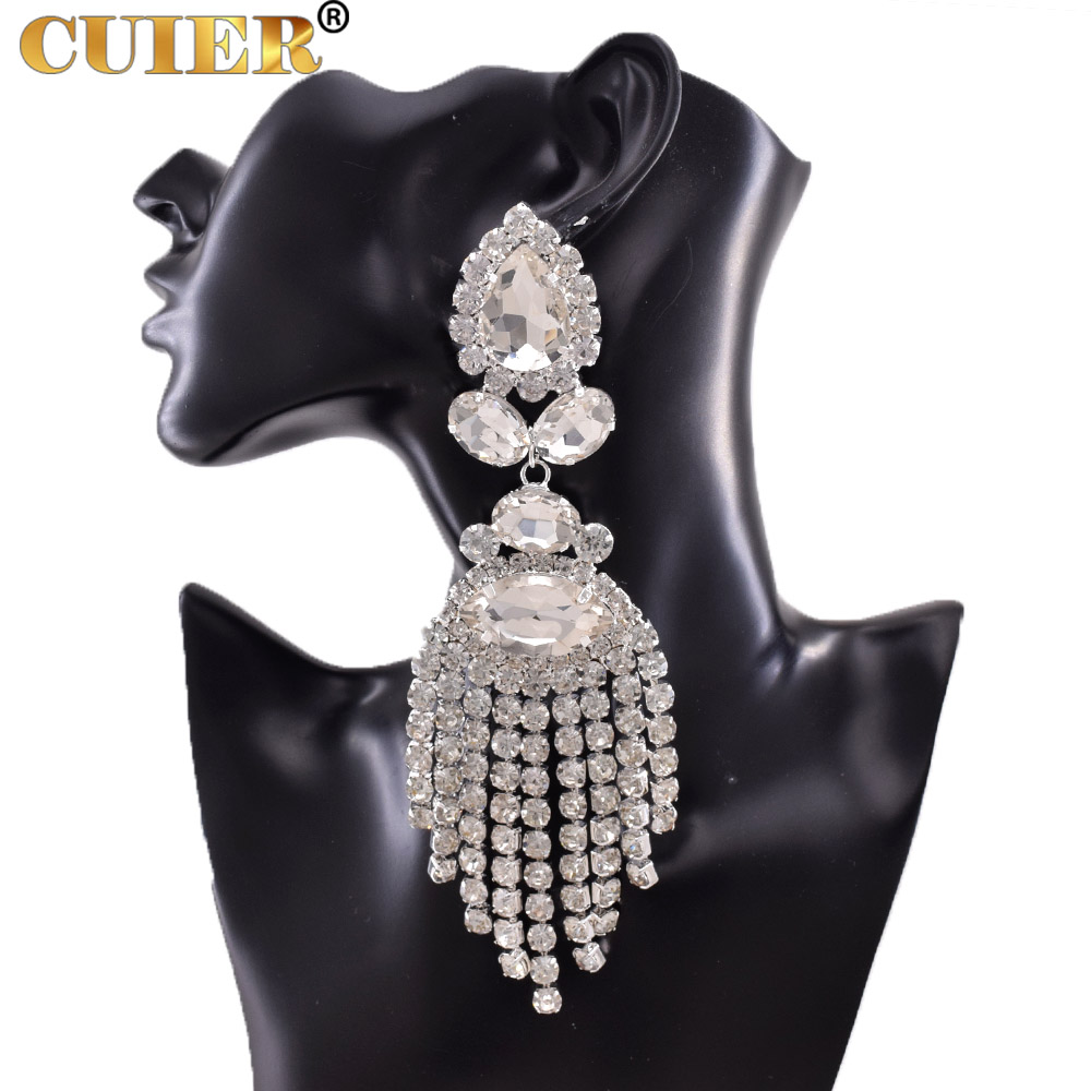 Strass SS28 Dazzling17CM Lange Quaste Clip auf Ohrring für Frauen Schmuck Kristall AB Große Größe Zubehör für Drag Queen – Detail 9