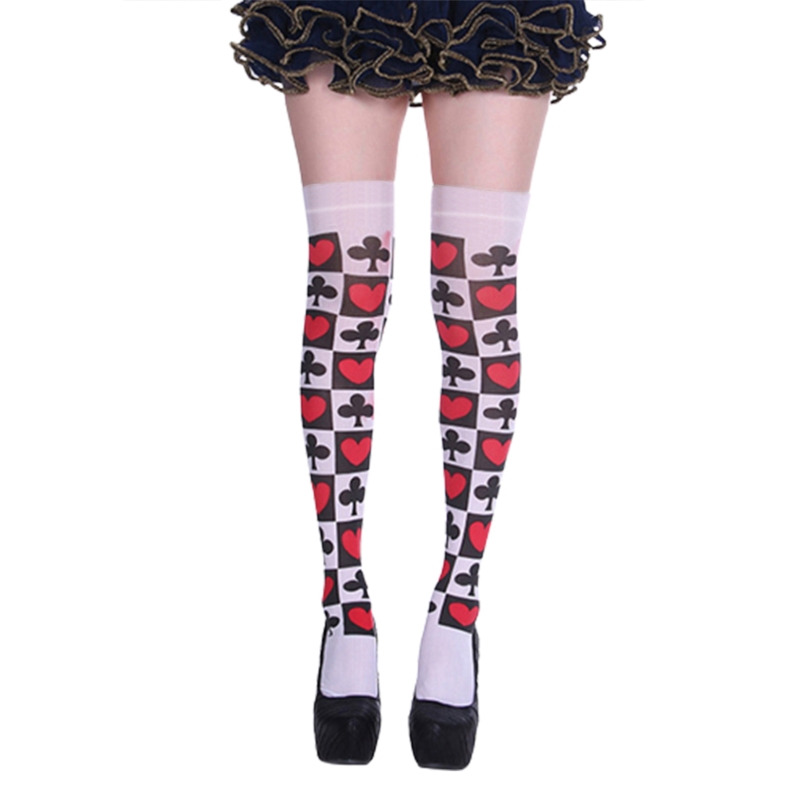 Halloween Frauen Oberschenkel Hohe Strümpfe Poker Karte Anzug Drucken Über Knie Lange Socken – Detail 2