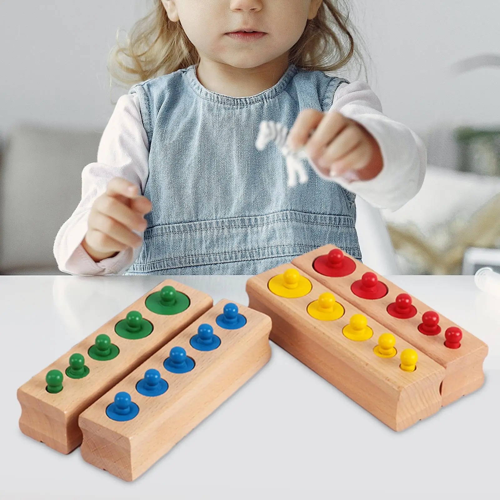 4Pcs Montessori Toy Board Game Early Development Knobbed Cylinders Blocks Socket Wooden Cylinders Ladder Blocks for School Baby