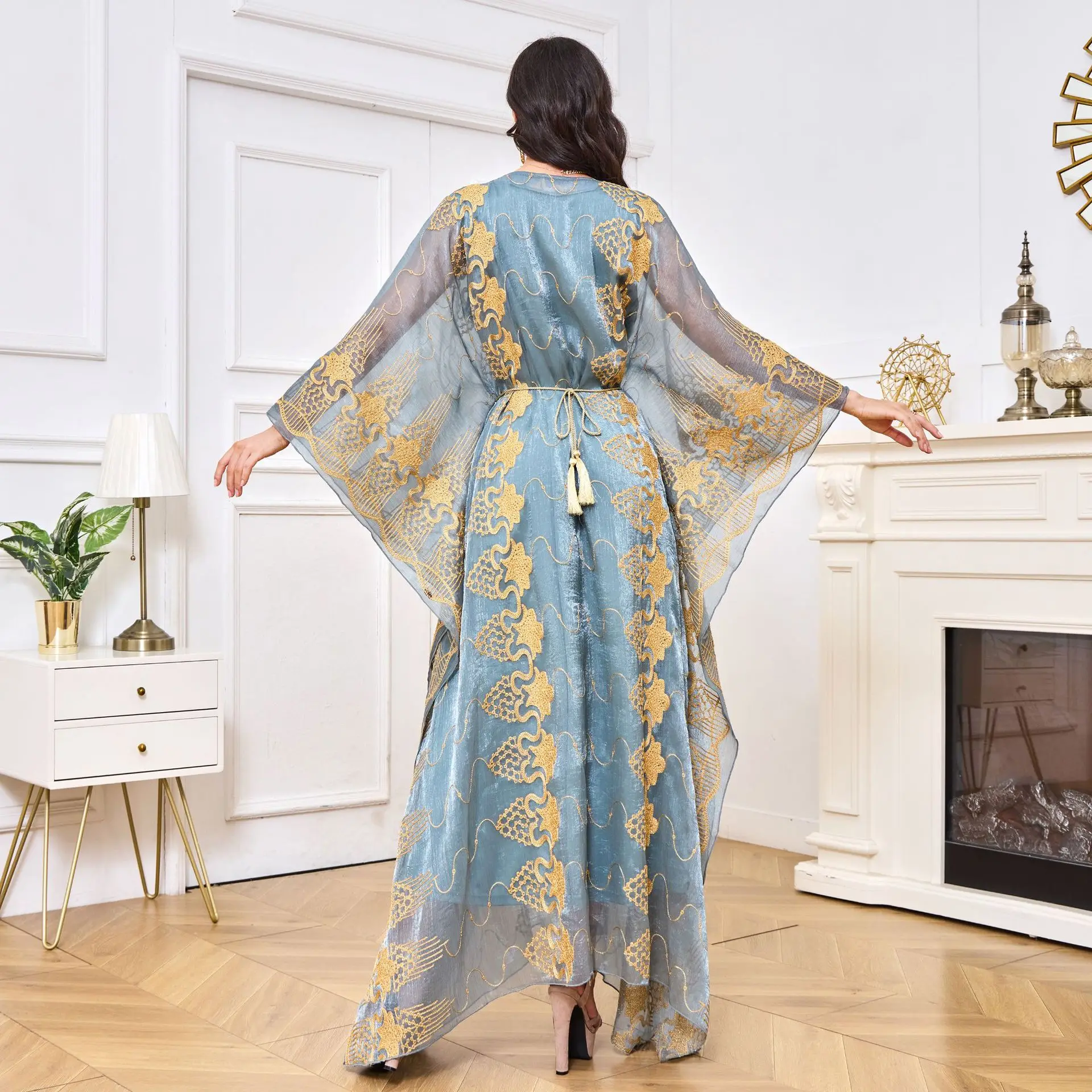 Middle Caftan Moroccan Eid Muslim Robe Embroidered Party Dresses Dinner Two Piece Dress Sets Vestido Jalabiya Abaya Ramadan