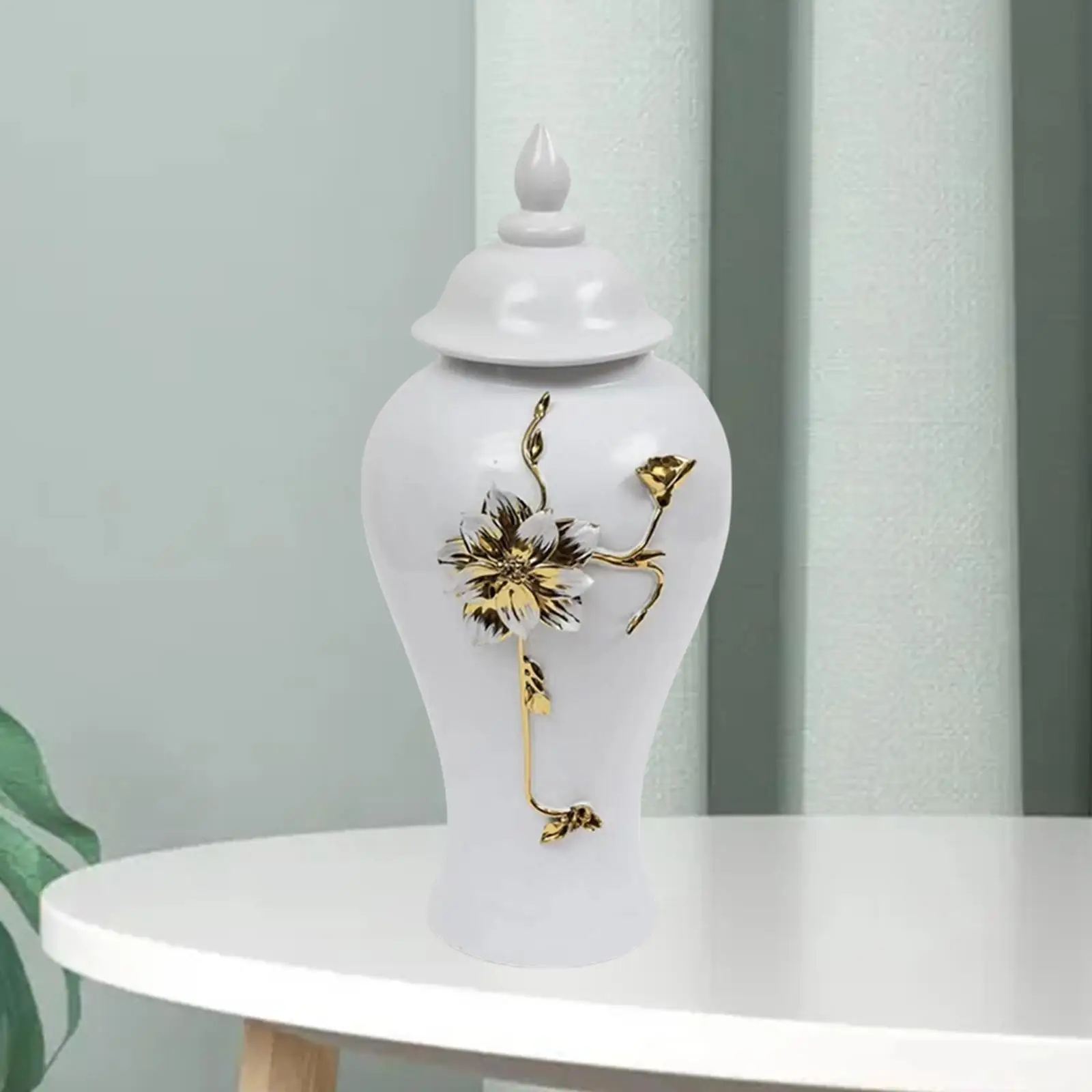 Ceramic Vase with Lid Decorative Accessories Chinese White and Aureate Ginger Jar Storage Jar for Floral Desk Home Office Party