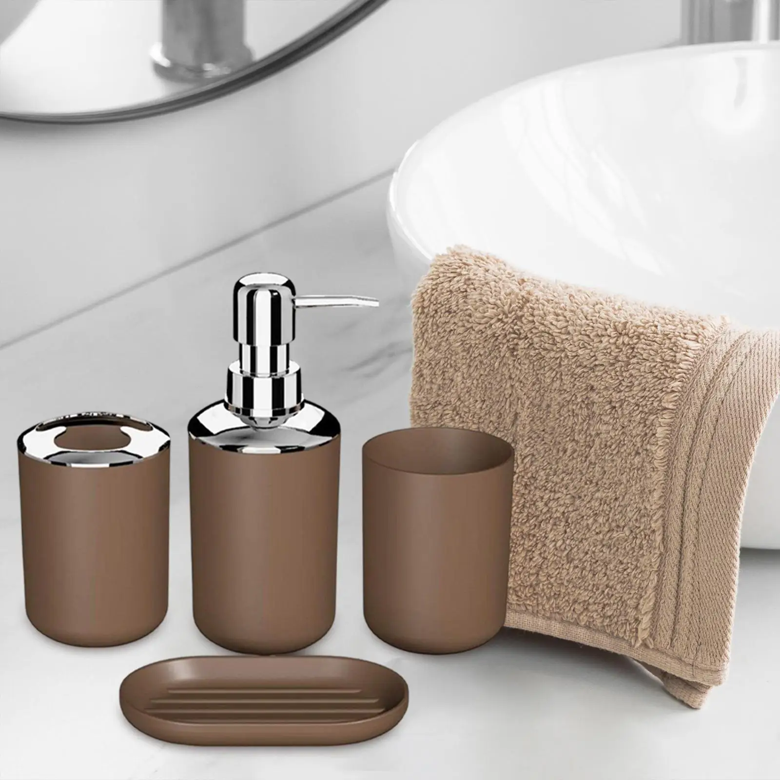 4 Pieces Bathroom Accessories Set & Tumbler Countertop Decor Neat Vanity Organizer Hand Soap Dispenser for Hotels Homes