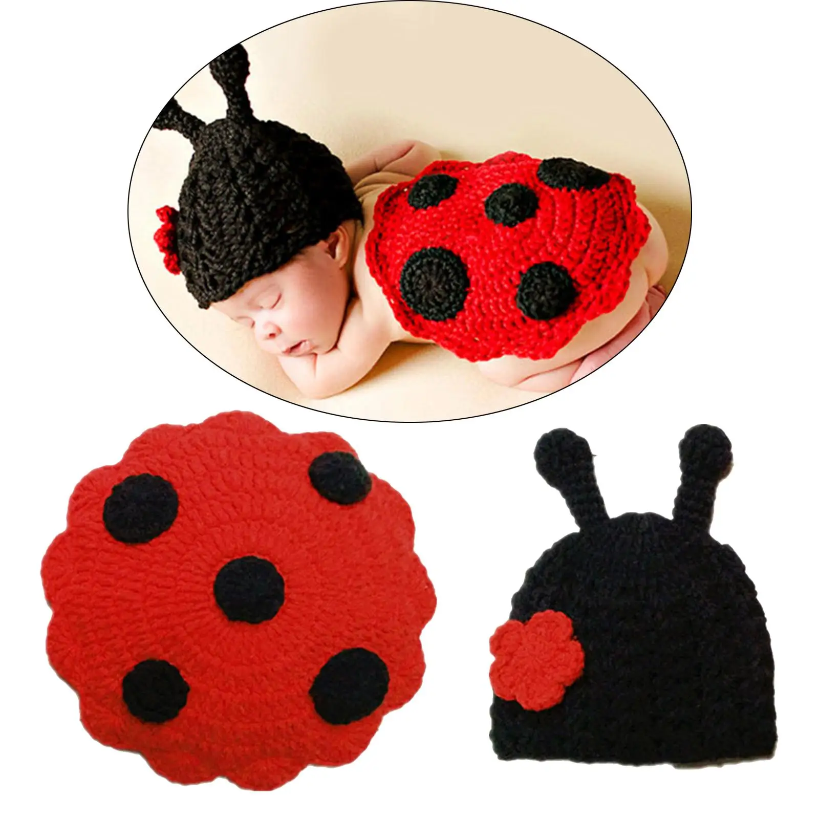 2Pcs/Set Newborn Babies Ladybug Suit Costume Crochet Knit 3 to 6 Months Clothes Clothing Hat, Cape Outfits Photography Props