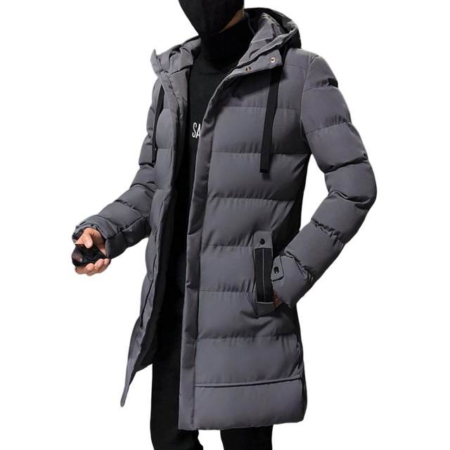 Men Warm Long Puffer Jacket Thicken Quilted Mid-length Hooded Coat Winter  Casual